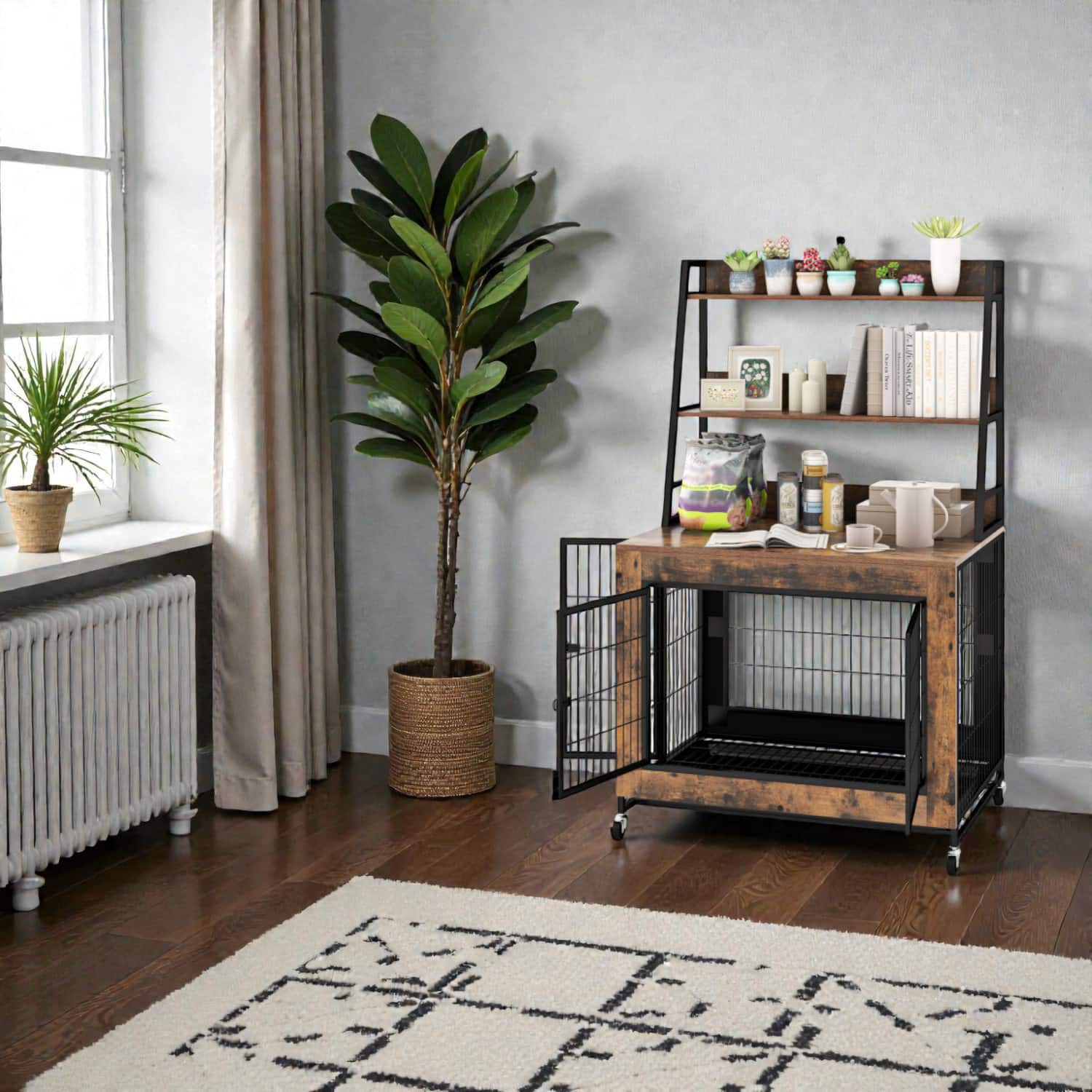 Hivvago - Industrial Dog Cage Table with Integrated Multi-Level Shelves - Rustic Brown