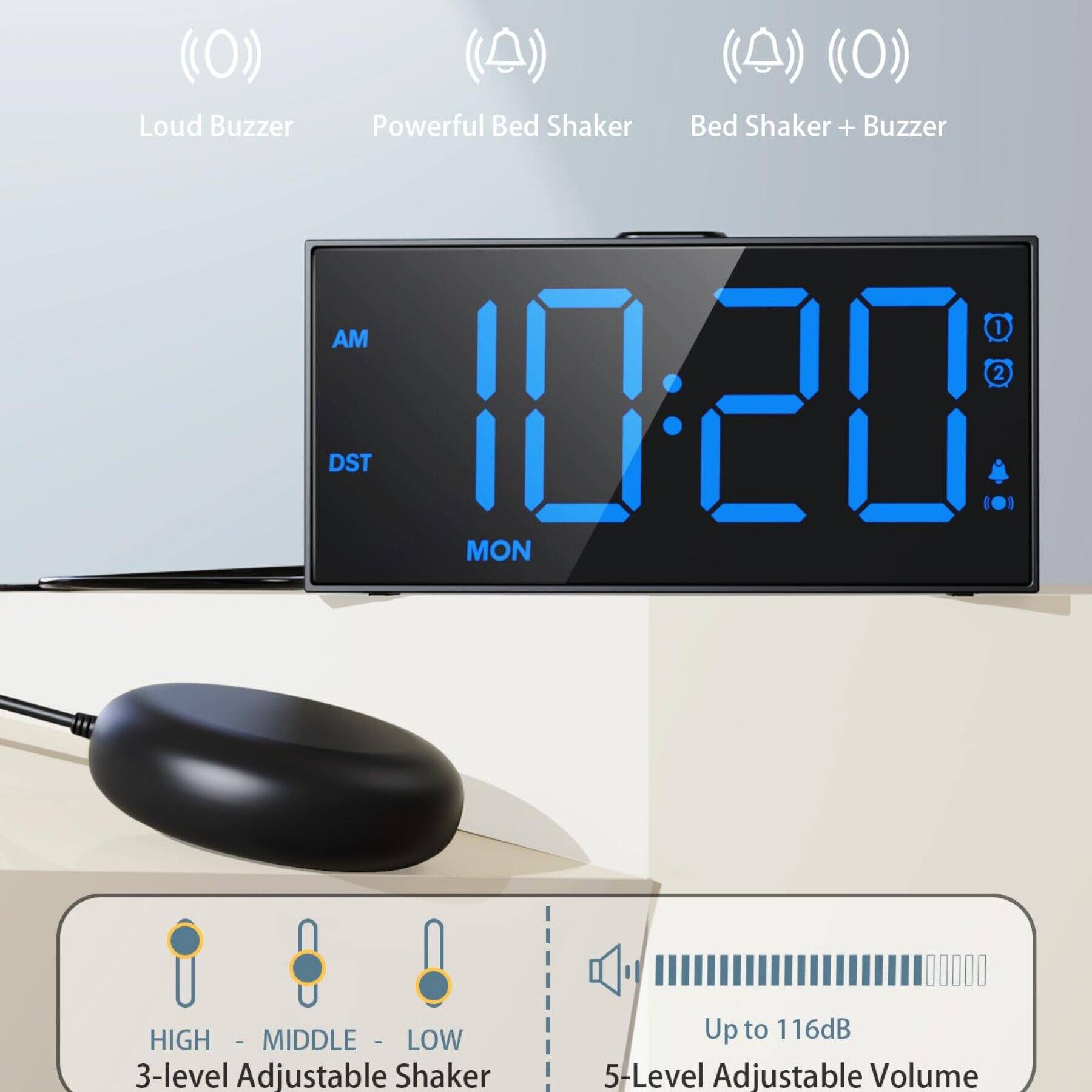 Dazzed Corner Alarm Clock with Bed Shaker, Dual Alarms, USB Charging ...