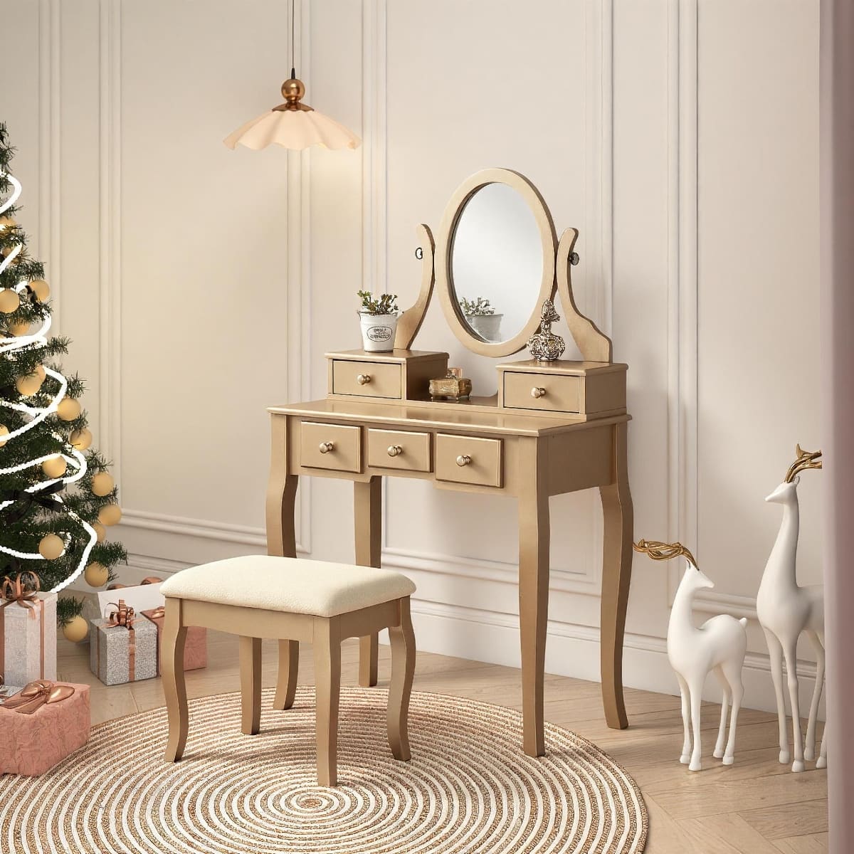 Loheer - Wood Makeup Vanity Table with Stool, Bedroom Vanity with Oval Mirror and Five Drawers - Gold