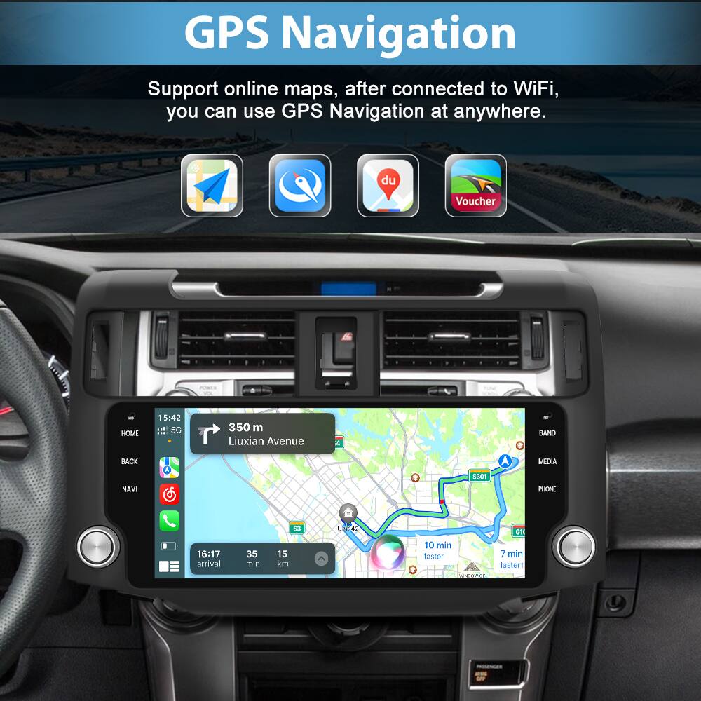 GPS Navigation Support online maps, after connected to WiFi, you can use GPS Navigation at anywhere. du Voucher PORES NEN HOME 15:42 i 5G 350 m Liuxian Avenue 4 BAND BACK MEDIA 1301 NAVI PHONE 16:17 arrival 35 min 53 15 km Unt42 10 min faster DOOCOL OH 7 min faster
