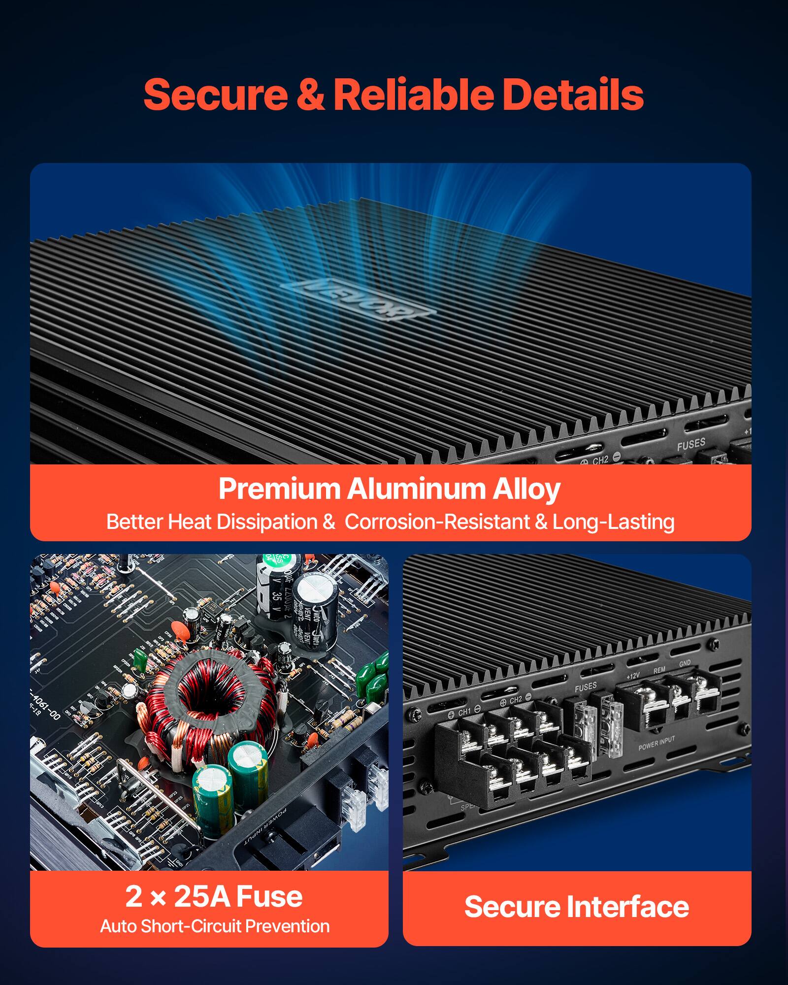 Secure & Reliable Details

Premium Aluminum Alloy  
Better Heat Dissipation & Corrosion-Resistant & Long-Lasting

2 x 25A Fuse  
Auto Short-Circuit Prevention

Secure Interface