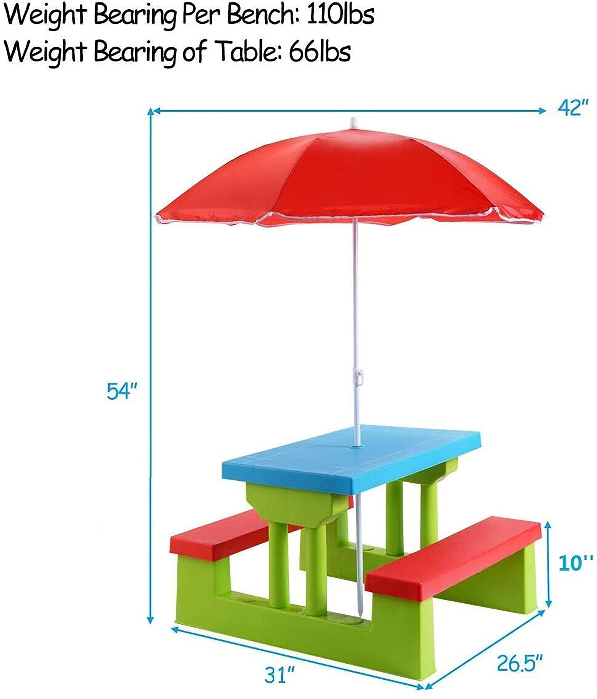 Weight Bearing Per Bench: 110lbs  
Weight Bearing of Table: 66lbs  
42" x 54" x 10" x 31" x 26.5"