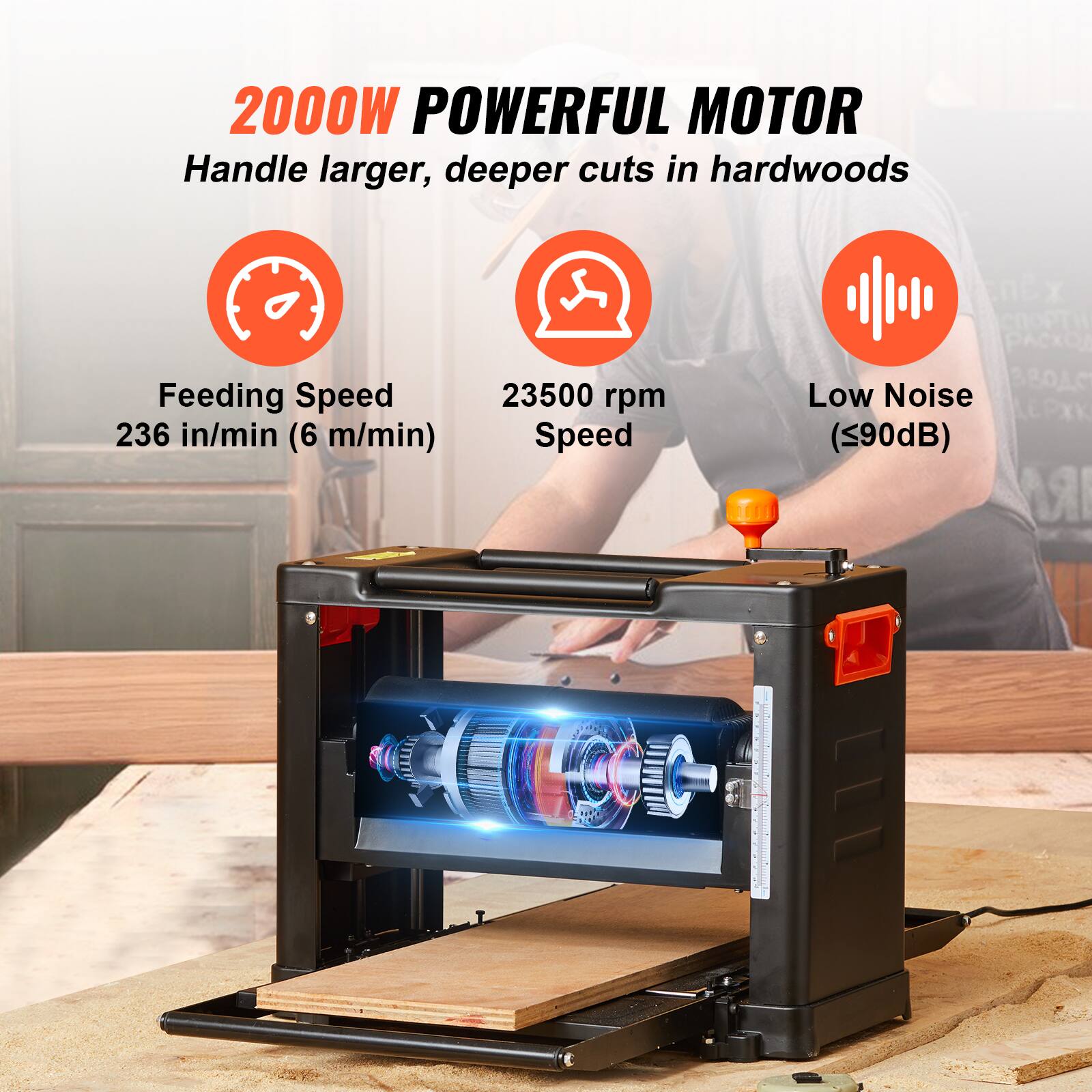 2000W POWERFUL MOTOR  
Handle larger, deeper cuts in hardwoods

Feeding Speed  
236 in/min (6 m/min)

23500 rpm Speed

Low Noise  
(≤90dB)