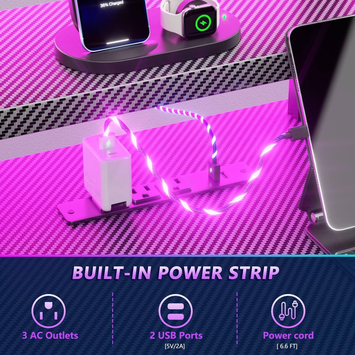 36% Charged  
BUILT-IN POWER STRIP  
3 AC Outlets  
2 USB Ports [5V/2A]  
Power cord [6.6 FT]