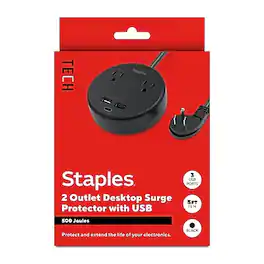 Staples TECH - 2-Outlet 3-USB Port Surge Protector, 5', 500 Joules, (ST62772) - Black