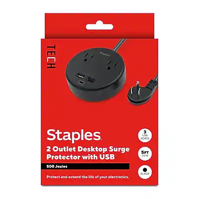 TECH Staples
2 Outlet Desktop Surge Protector with USB 3 Ports
5FT 15M 500 Joules
Protect and extend the life of your electronics.
BLACK