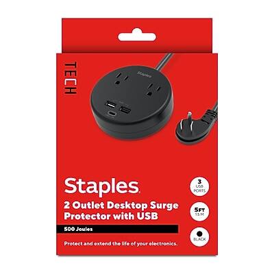 TECH Staples  
2 Outlet Desktop Surge Protector with USB 3 Ports  
5FT 15M 500 Joules  
Protect and extend the life of your electronics.  
BLACK