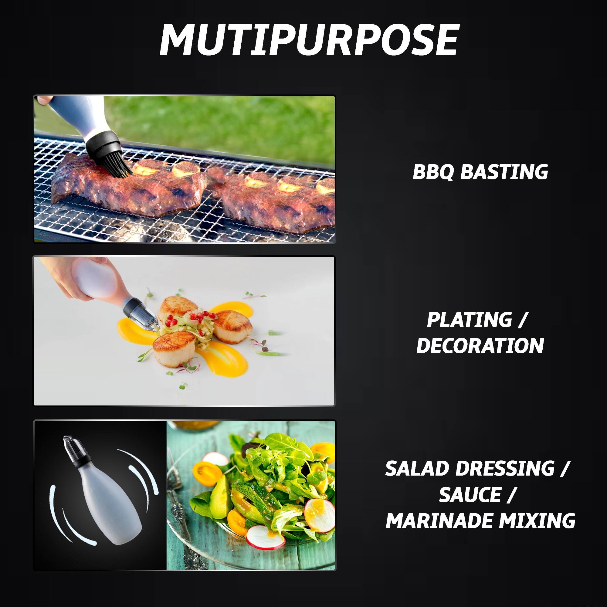 Left. Gourmet Easy - Silicone Pastry Brush, All-in-One Slicone Basting Brush with Sauce Bottle, Heat Resistant BBQ Accessories - Black.