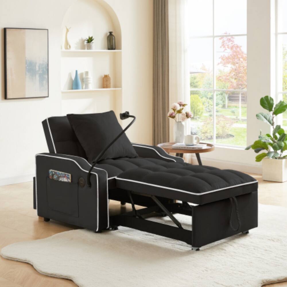 Angle. LUCKY ONE - 3-in-1 Convertible Sleeper Sofa Chair Bed w/ USB Type-C Phone Holder Side Pockets - Black.