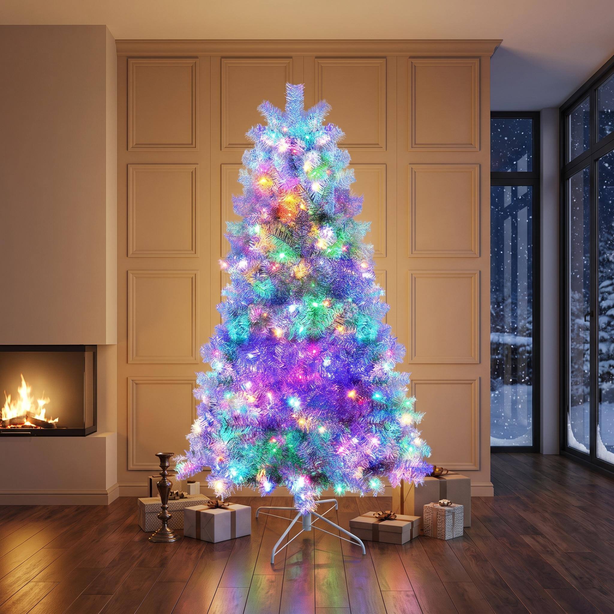 Angle. Forest'nSky - 6 FT. Sliver Pre-Lit Artificial Christmas Tree with Metal Stand, 800 Branch Tips, 300 LED Lights,11 Lighting Modes - Silver.