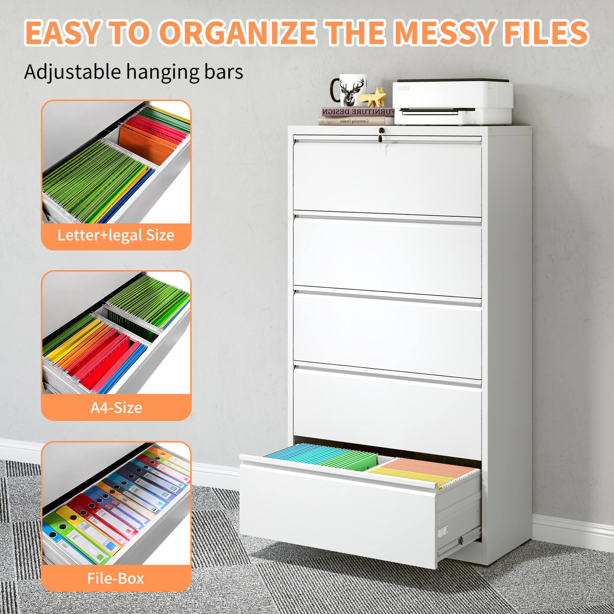 EASY TO ORGANIZE THE MESSY FILES

Adjustable hanging bars

Letter+legal Size

A4-Size

File-Box