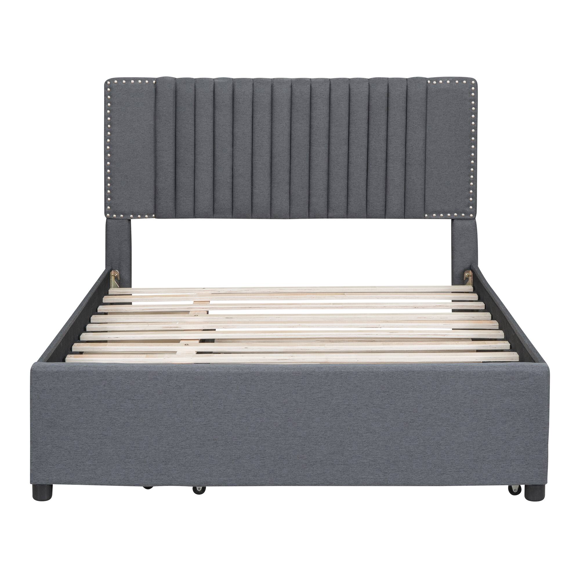Left. LUCKY ONE - Full Size Upholstered Platform Bed with 2 Drawers and 1 Twin Size Trundle - Gray.