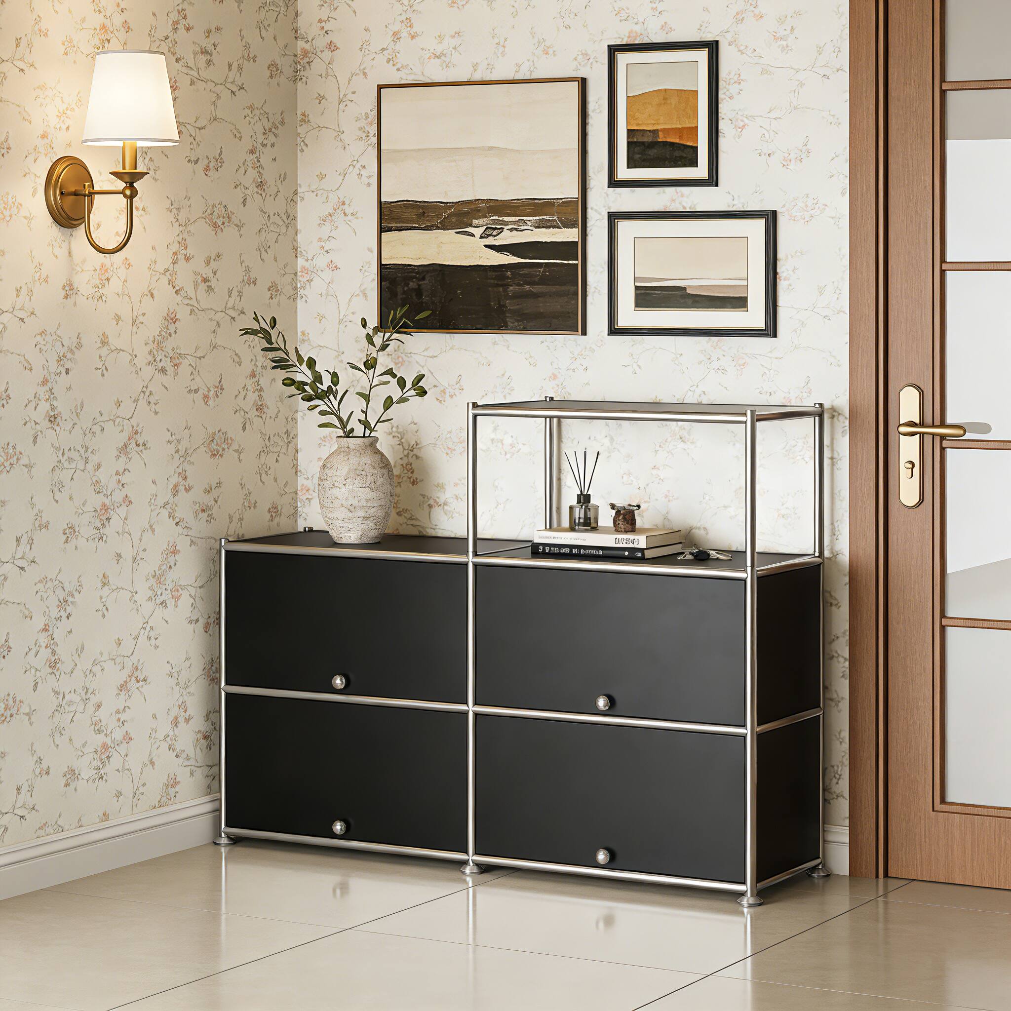 Alt View 2. Malletson - Storage Cabinet with Double Drawers and Metal Frame, Multi-Purpose Home Organizer for Entryway, Living Room or Bedroom - Black.