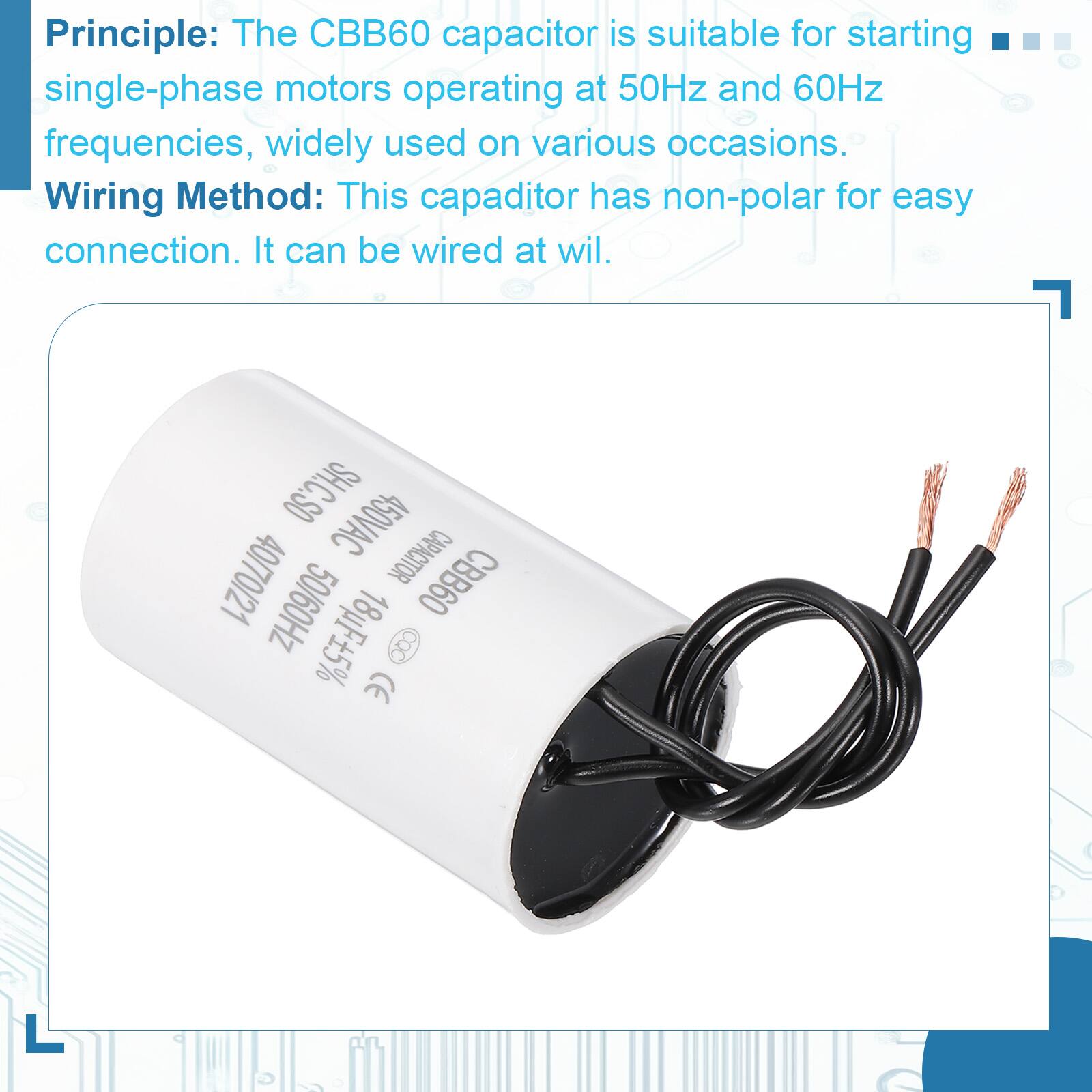 Principle: The CBB60 capacitor is suitable for starting single-phase motors operating at 50Hz and 60Hz frequencies, widely used on various occasions.

Wiring Method: This capacitor has non-polar for easy connection. It can be wired at will.

SH.C.SO 450VAC 40/70/21 CAPACITOR CBB60 50/60Hz 18uF5% CQC CE

CBB60 18uF 5% 450VAC 50/60Hz
SH.C.SO
CQC CE