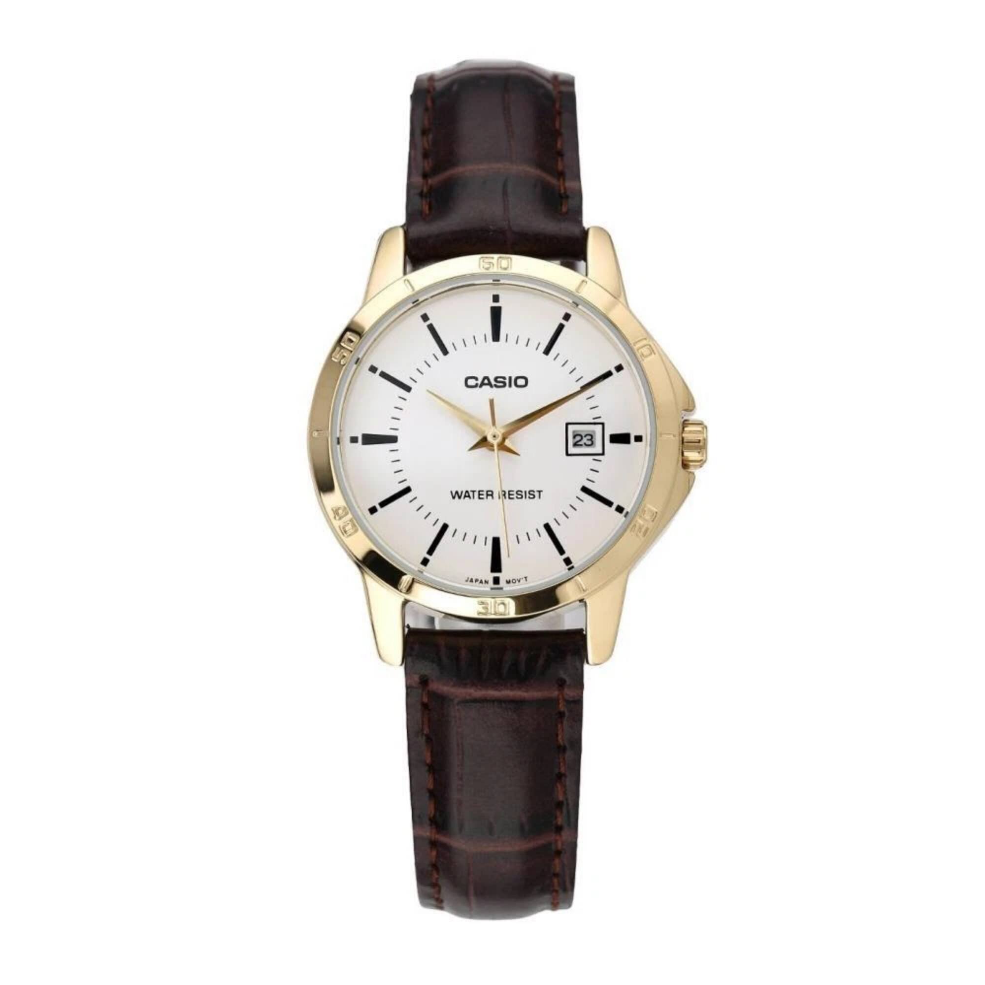 Casio - Women’s Gold Analog Watch with White Dial and Leather Strap - LTP-V004GL-7AUDF - Brown