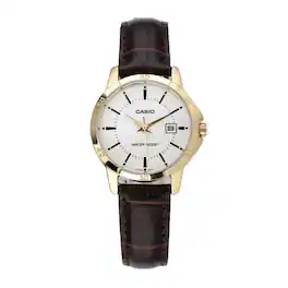 Casio - Women’s Gold Analog Watch with White Dial and Leather Strap - LTP-V004GL-7AUDF - Brown