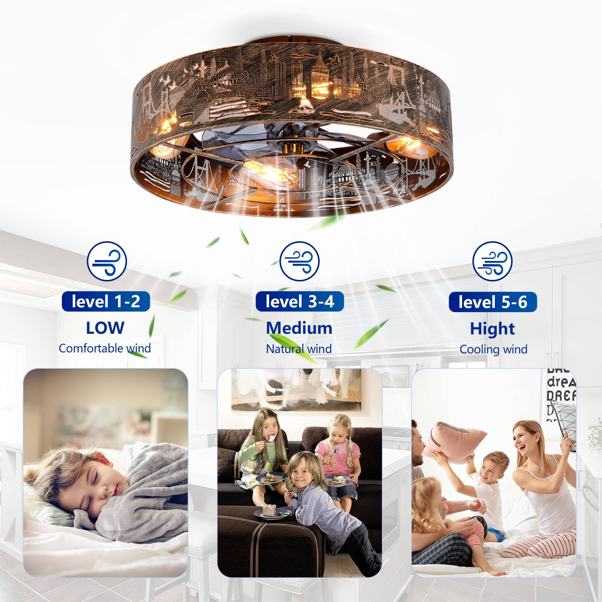 - Level 1-2: LOW Comfortable wind
- Level 3-4: Medium Natural wind
- Level 5-6: High Cooling wind