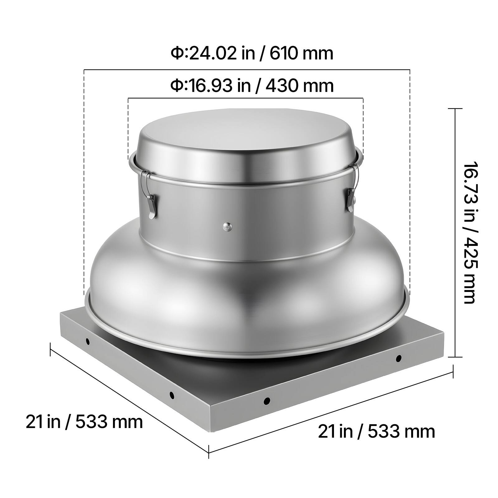 :24.02 in / 610 mm  
:16.93 in / 430 mm  
16.73 in / 425 mm  
21 in / 533 mm