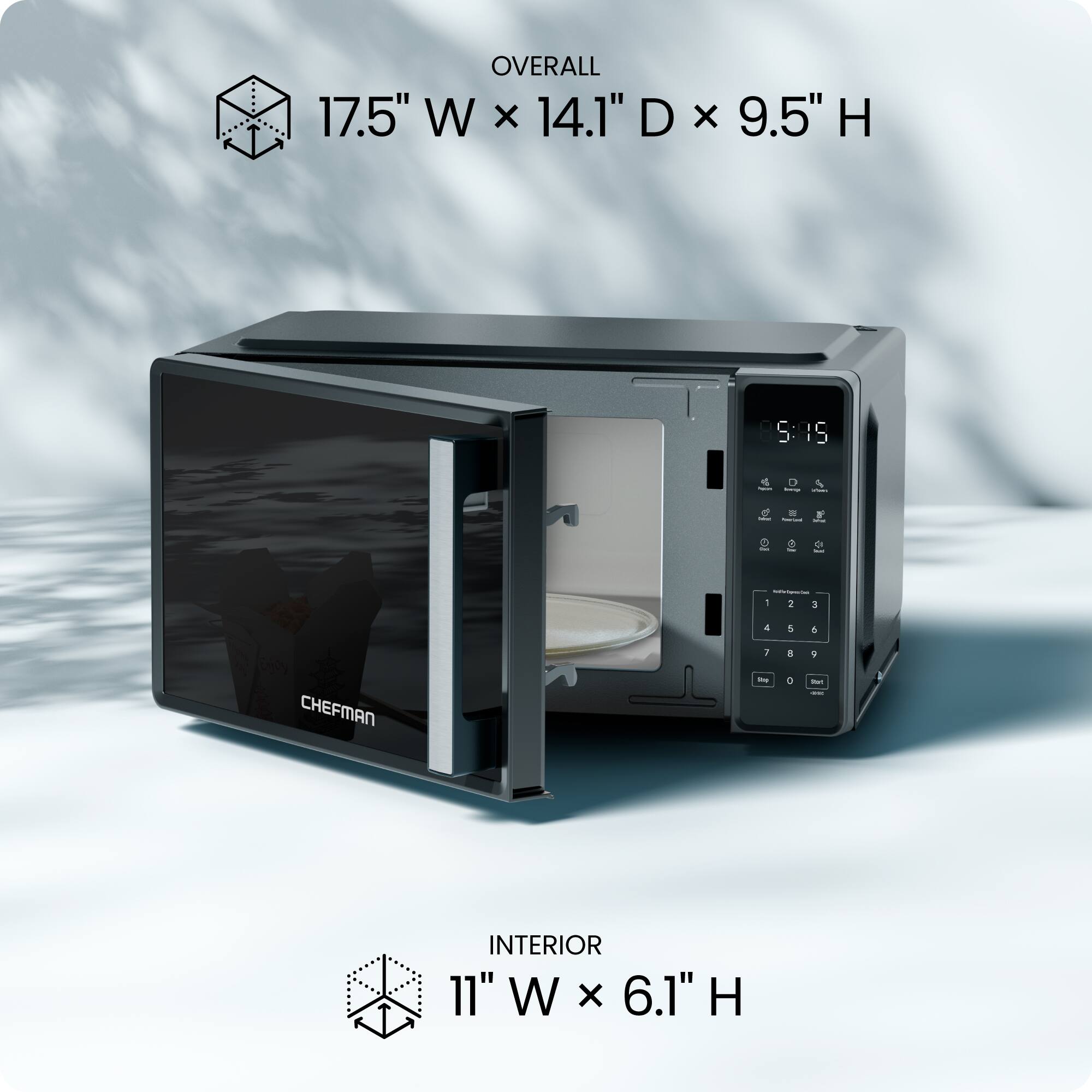 OVERALL  
17.5" W x 14.1" D x 9.5" H  

INTERIOR  
11" W x 6.1" H