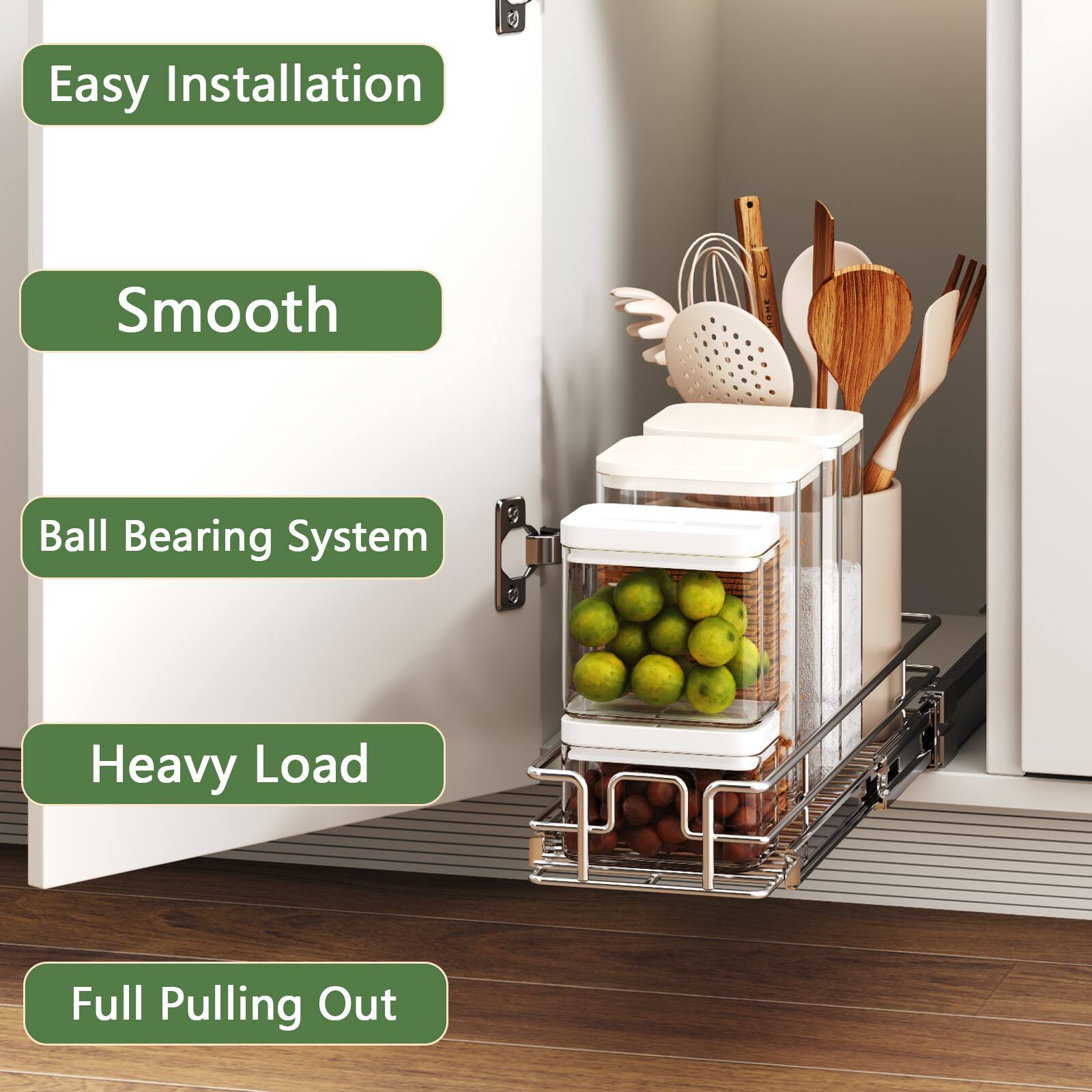 Easy Installation, Smooth, Ball Bearing System, Heavy Load, Full Pulling Out