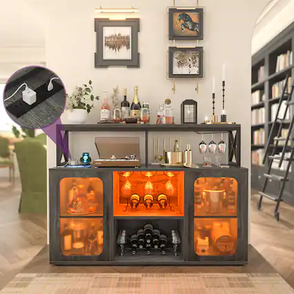 Front. Aheaplus - Bar Cabinet with Power Outlets & LED Lights, Glass Holder, Wine Rack,Multi-functional Storage Buffet for Home/Kitchen - Gray Oak.
