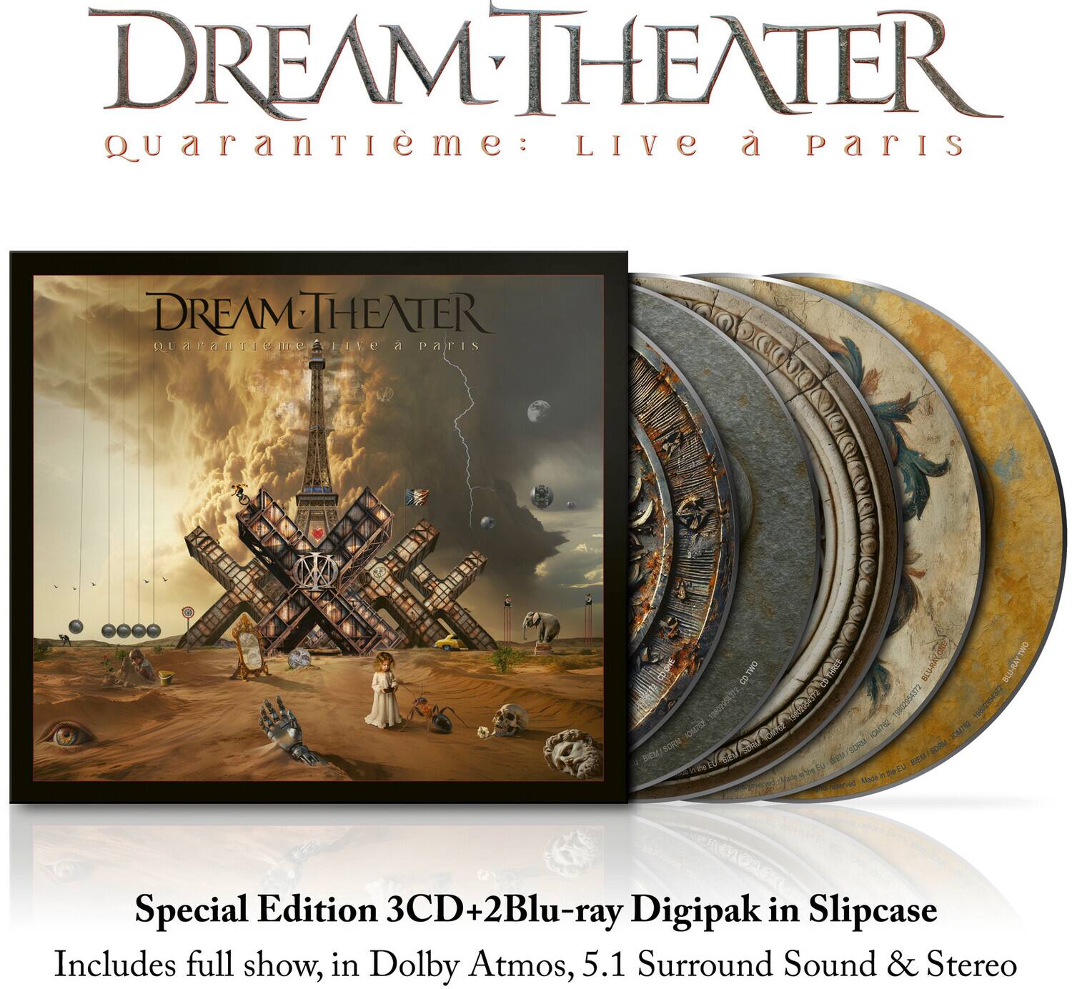 DREAM THEATER  
Quarantie: Live à Paris  

Special Edition 3CD+2Blu-ray Digipak in Slipcase  
Includes full show, in Dolby Atmos, 5.1 Surround Sound & Stereo