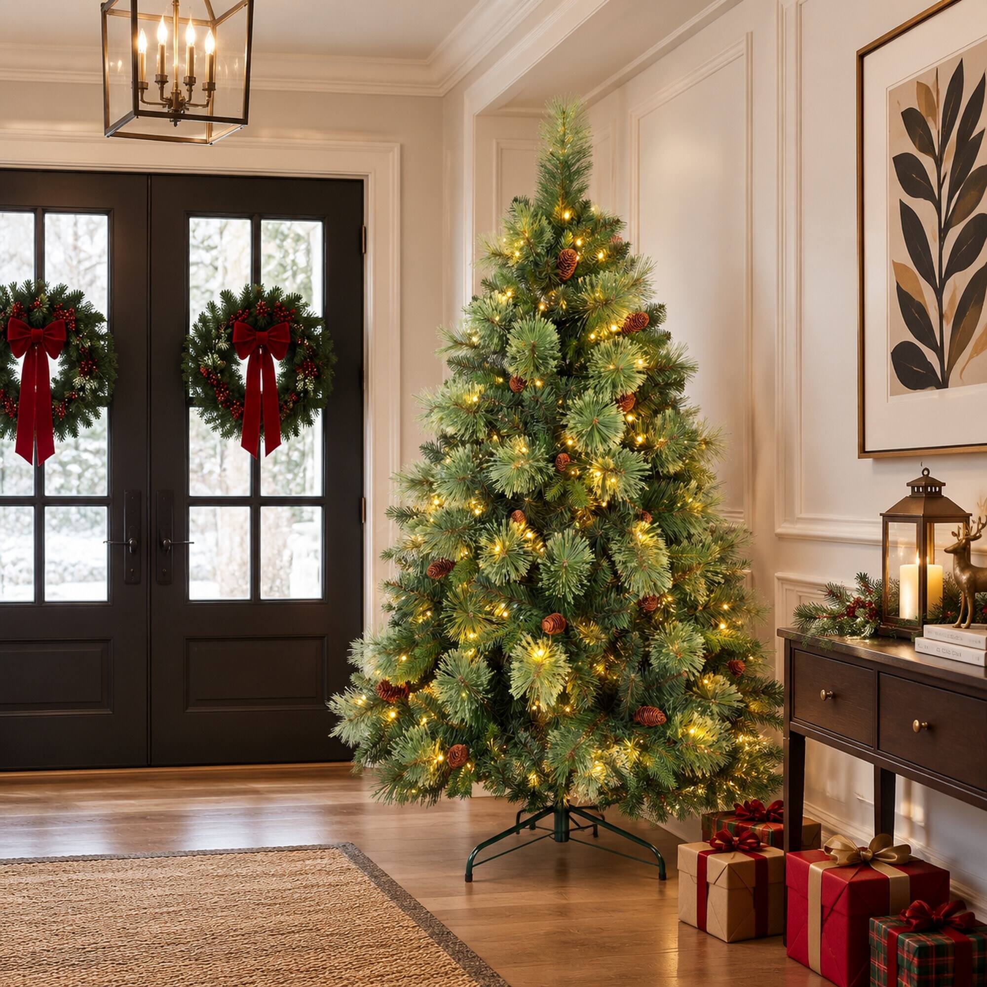 Alt View 2. RYHNUYNE - 8FT Pre-Lit Artificial Christmas Tree With 660 Warm White LED Lights and 1897 Tips, Pine Cones and Iron Base - Green.