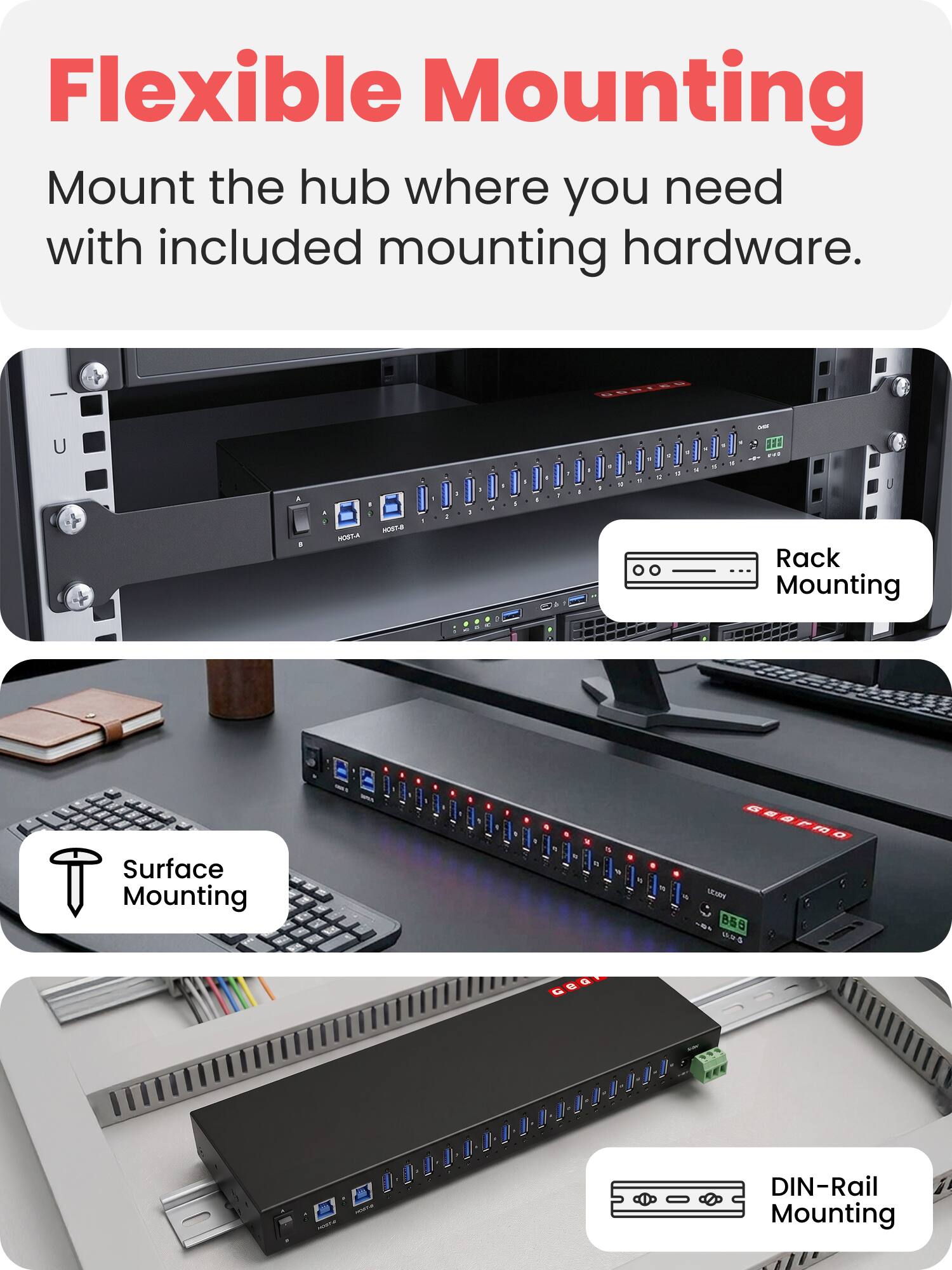 Flexible Mounting  
Mount the hub where you need with included mounting hardware.

Rack Mounting  
Surface Mounting  
DIN-Rail Mounting