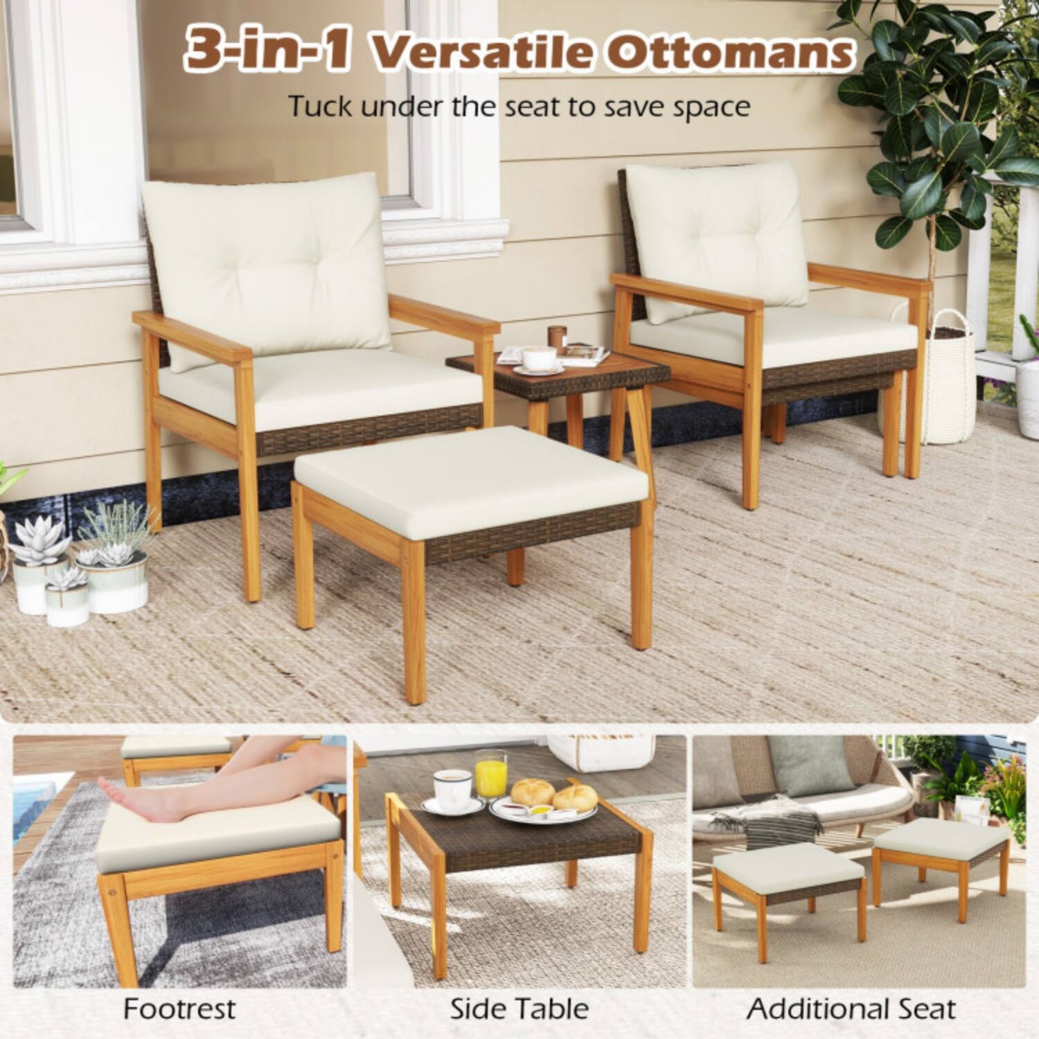3-in-1 Versatile Ottomans  
Tuck under the seat to save space  

Footrest  
Side Table  
Additional Seat