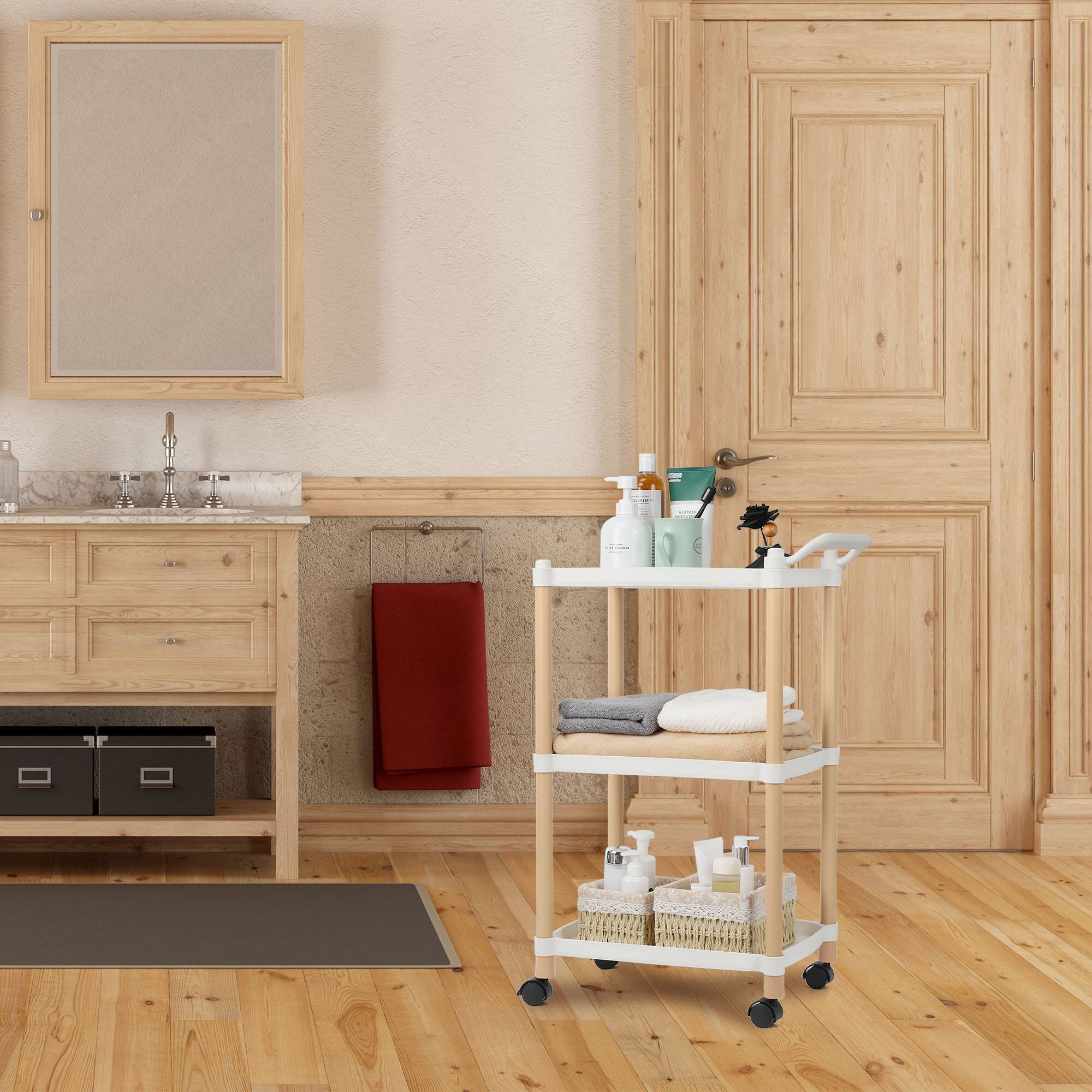 Back. Oumilen - 3-Tier Rolling Utility Cart with Wheels, White Plastic & Wood Tone - White.
