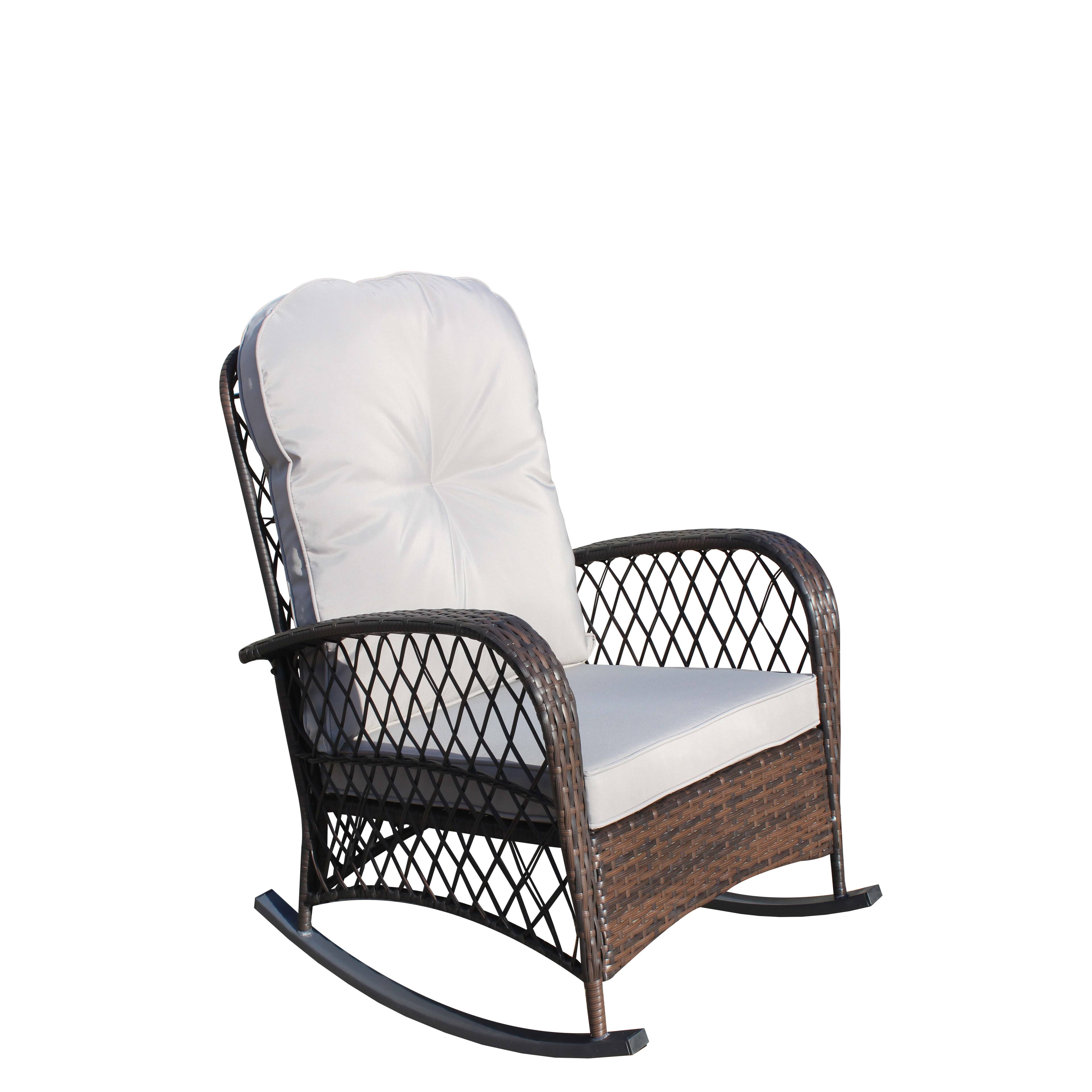 Back. Tiramisubest - Outdoor Wicker Rocking Chair with Wide Seat,Steel Frame & Thick Cushion for Patio,Garden,Backyard,Grey Cushion - Brown+Gray.