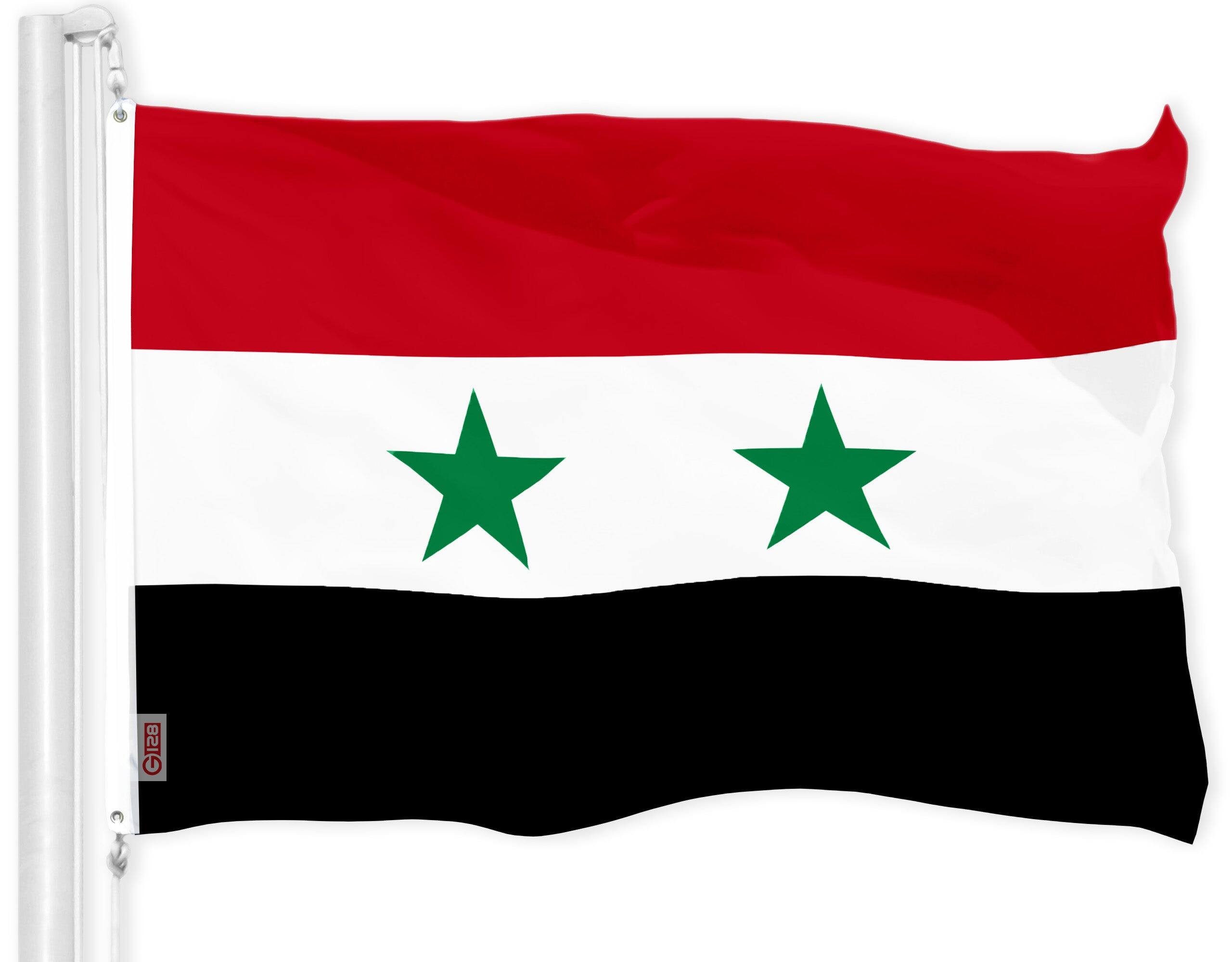 Front. G128 - Syria Flag 3x5 ft — 150D Heavyweight Polyester, Dye-Sublimated, Brass Grommets. - Assorted Colors.