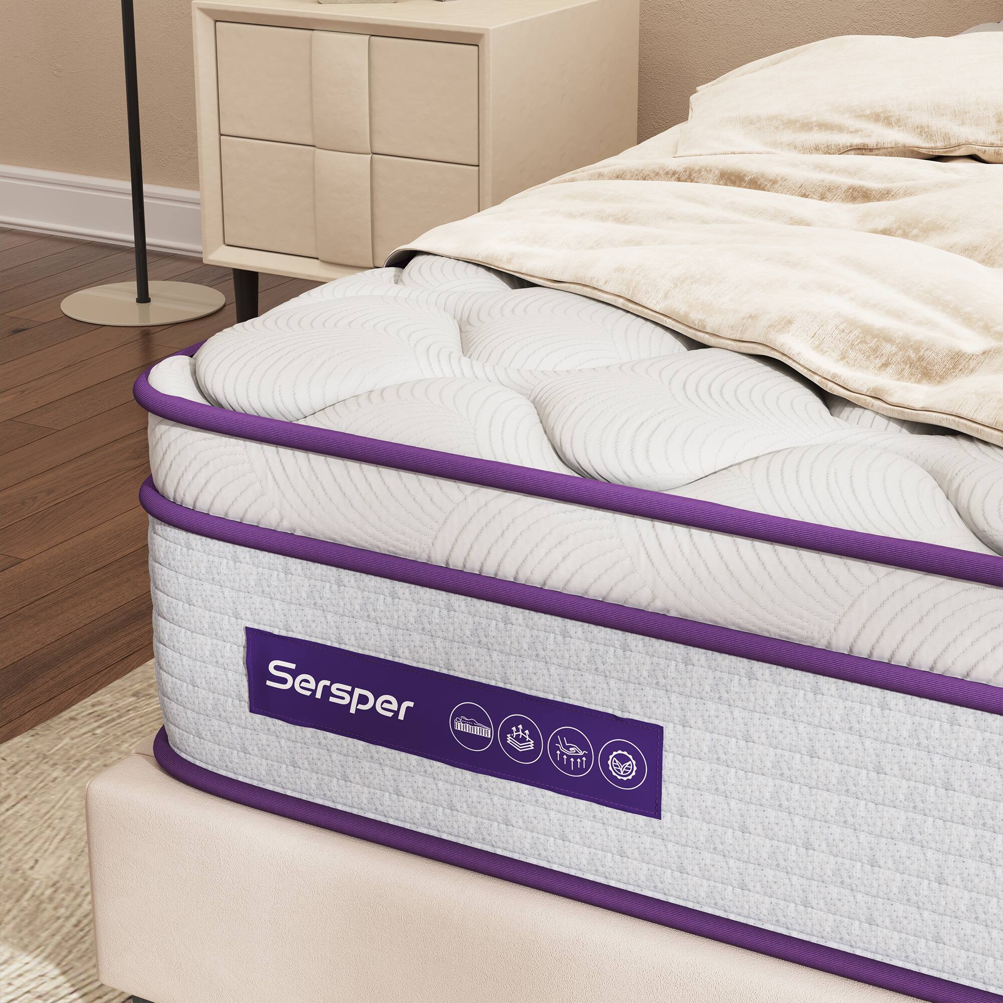 Back. Sersper - 12 in. Medium Firm Hybrid Euro Top King Size Breathable Mattress - Purple&White.