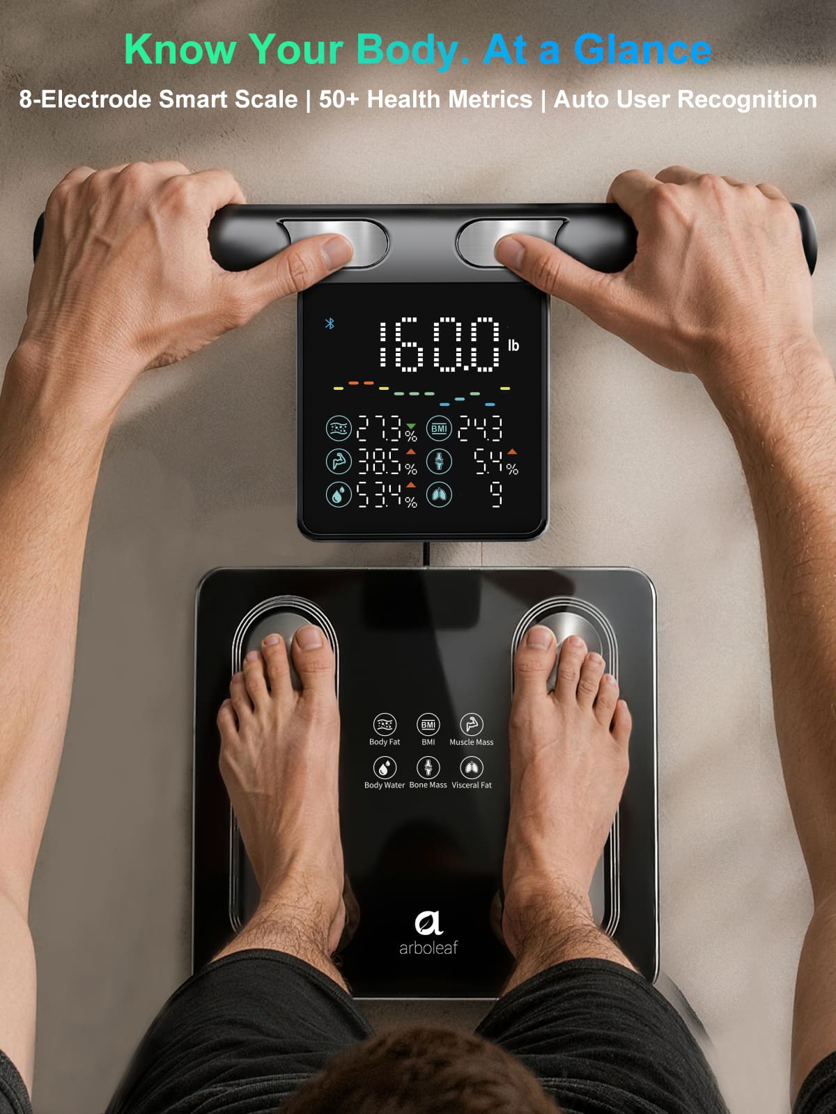 Arboleaf 8 Electrode Smart Body Fat Scale with Handle Display, 50+
