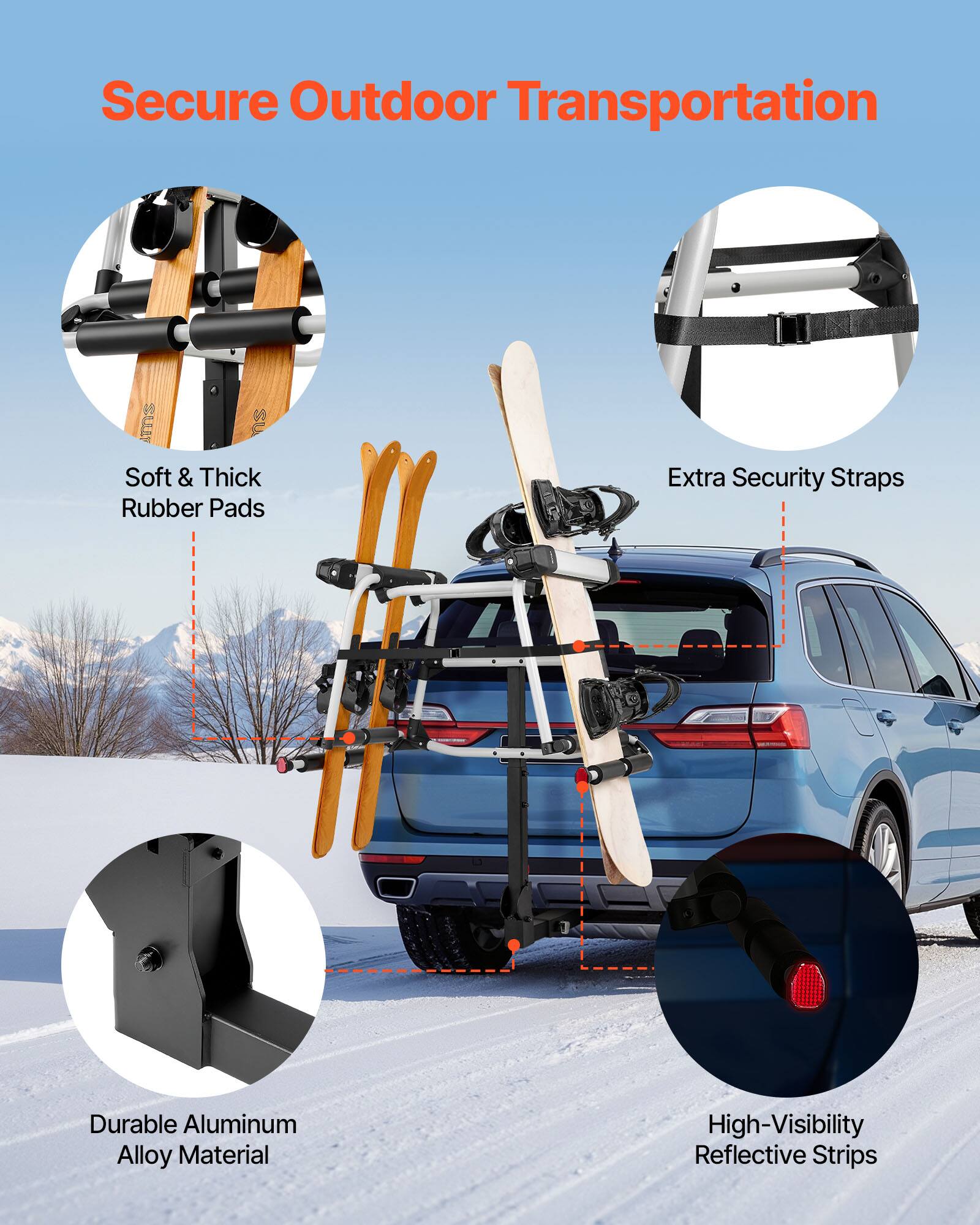 Secure Outdoor Transportation  
- Soft & Thick Rubber Pads  
- Extra Security Straps  
- Durable Aluminum Alloy Material  
- High-Visibility Reflective Strips