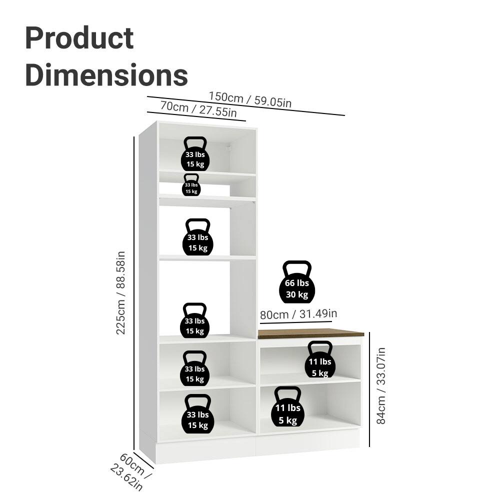 Product Dimensions

- 150cm / 59.05in
- 70cm / 27.55in
- 225cm / 88.58in
- 80cm / 31.49in
- 84cm / 33.07in
- 60cm / 23.62in

Weight Capacity

- 33 lbs / 15 kg
- 33 lbs / 15 kg
- 33 lbs / 15 kg
- 33 lbs / 15 kg
- 66 lbs / 30 kg
- 11 lbs / 5 kg
- 11 lbs / 5 kg