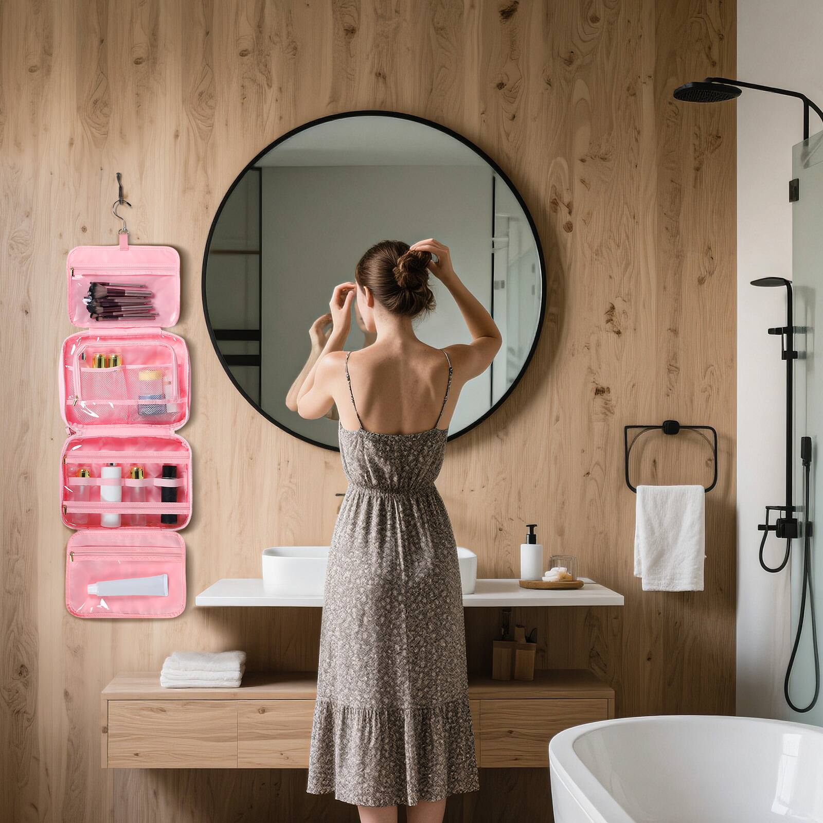 Alt View 4. Unique Bargains - Travel Hanging Toiletry Bag for Women, Puffy Makeup Bag with Jewelry Organizer, Waterproof Compartment - Pink.