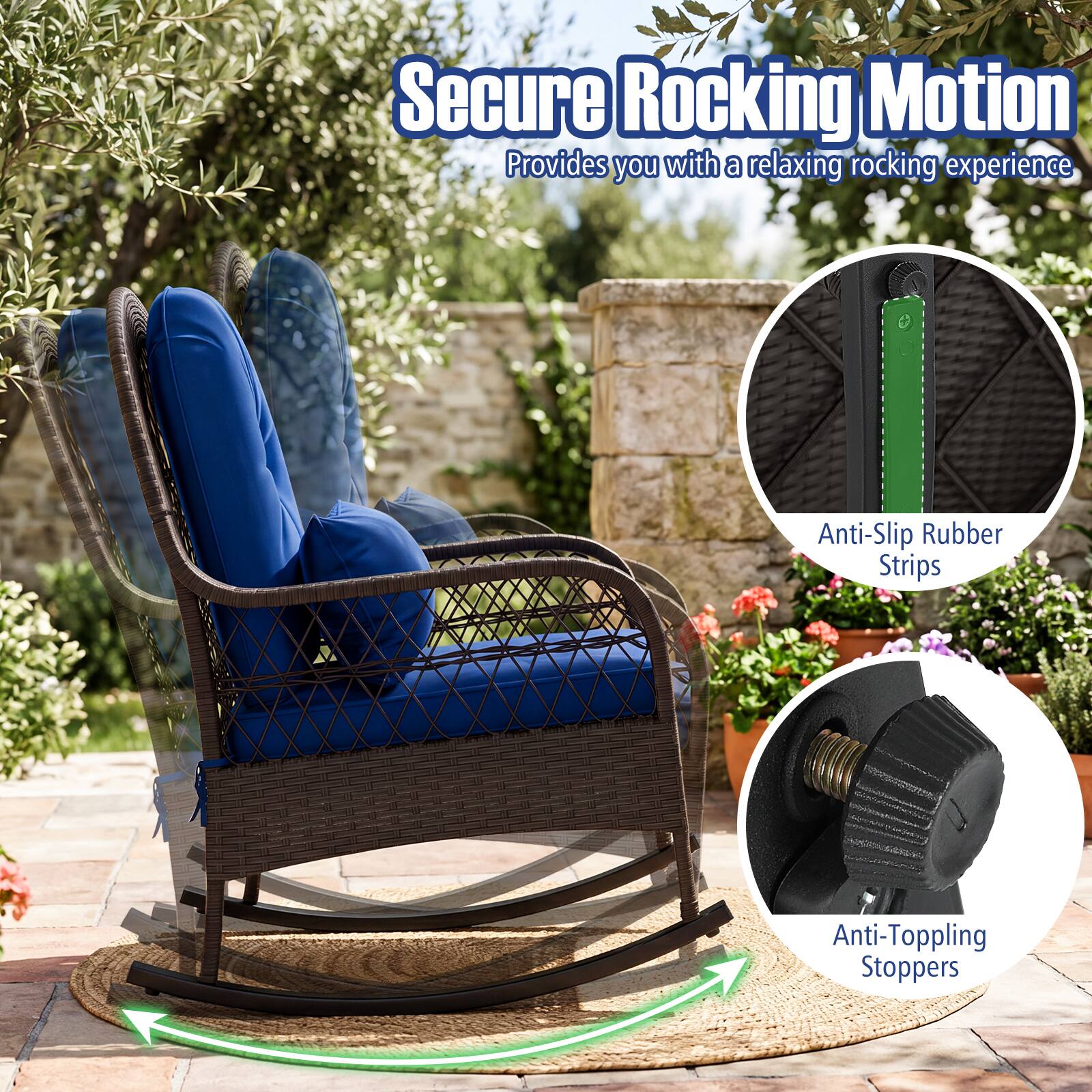 Secure Rocking Motion  
Provides you with a relaxing rocking experience  

Anti-Slip Rubber Strips  
Anti-Toppling Stoppers