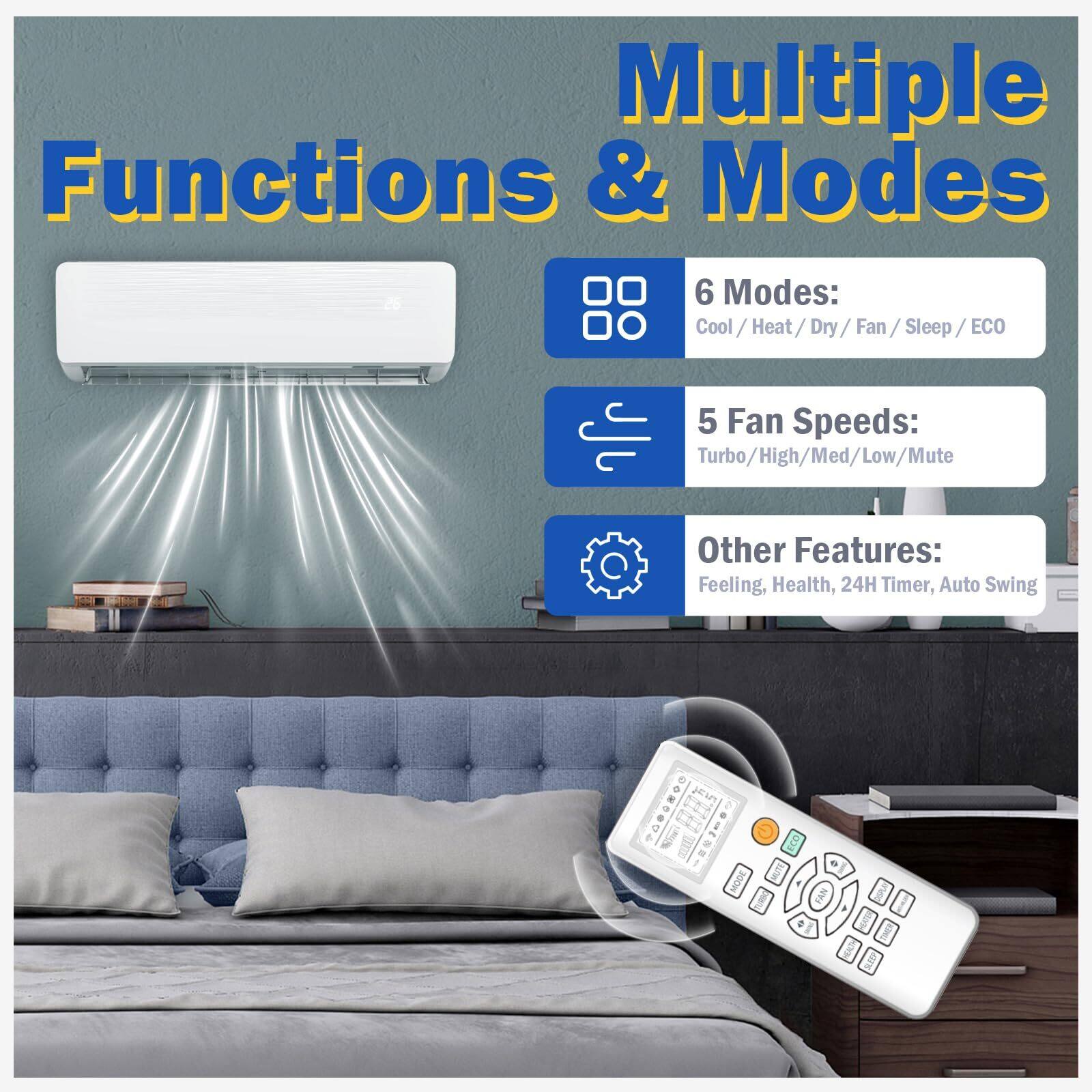 Multiple Functions & Modes

6 Modes:
Cool / Heat / Dry / Fan / Sleep / ECO

5 Fan Speeds:
Turbo / High / Med / Low / Mute

Other Features:
Feeling, Health, 24H Timer, Auto Swing