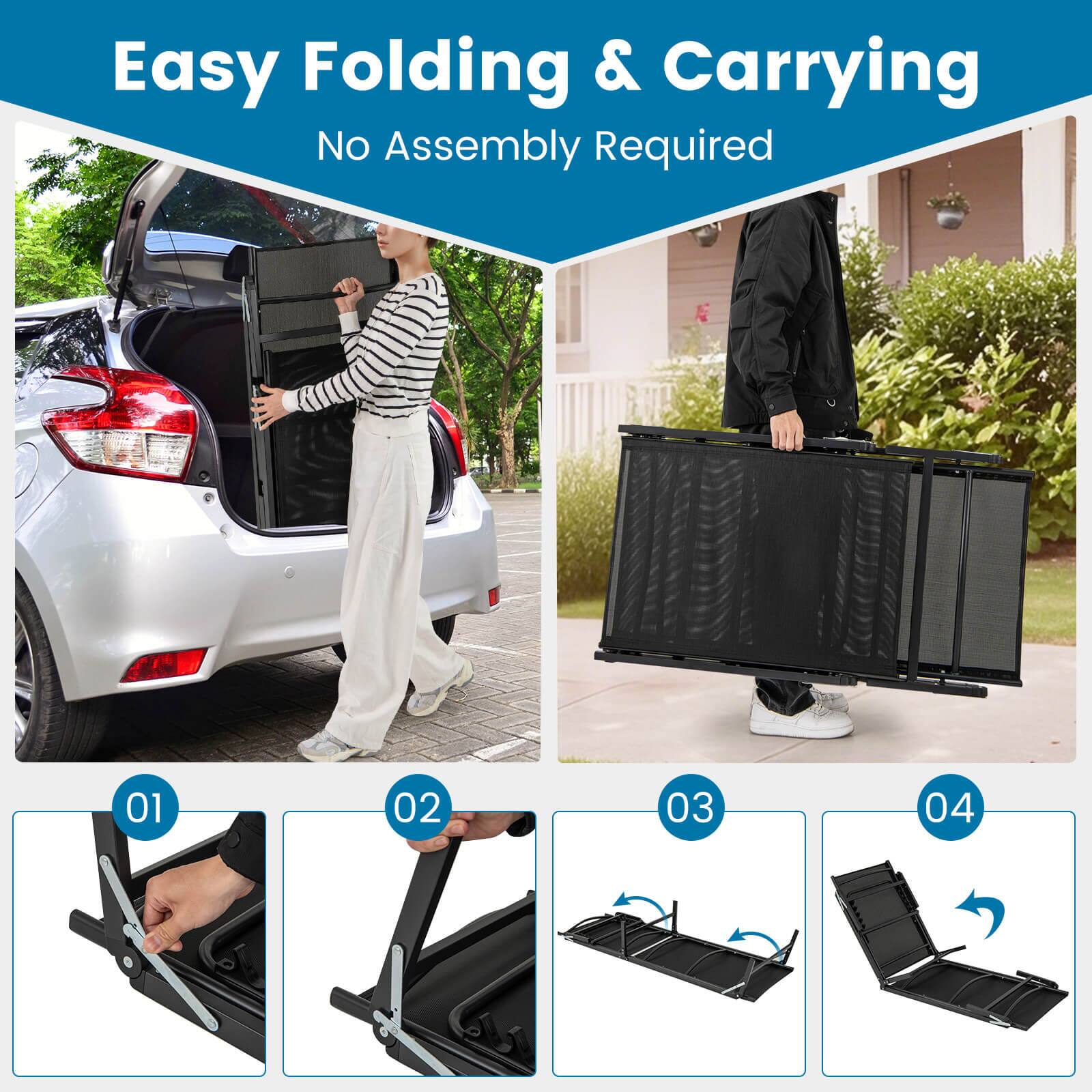 Easy Folding & Carrying  
No Assembly Required  

01  
02  
03  
04