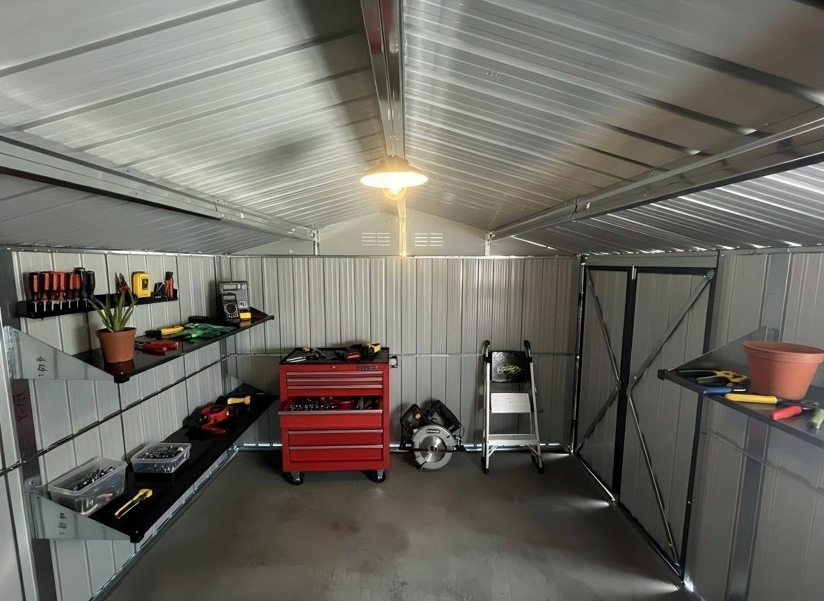 Back. Loheer - Loheer 12x10 Metal Shed Black Outdoor Storage Shed with Window Shelves and Apex Roof.
