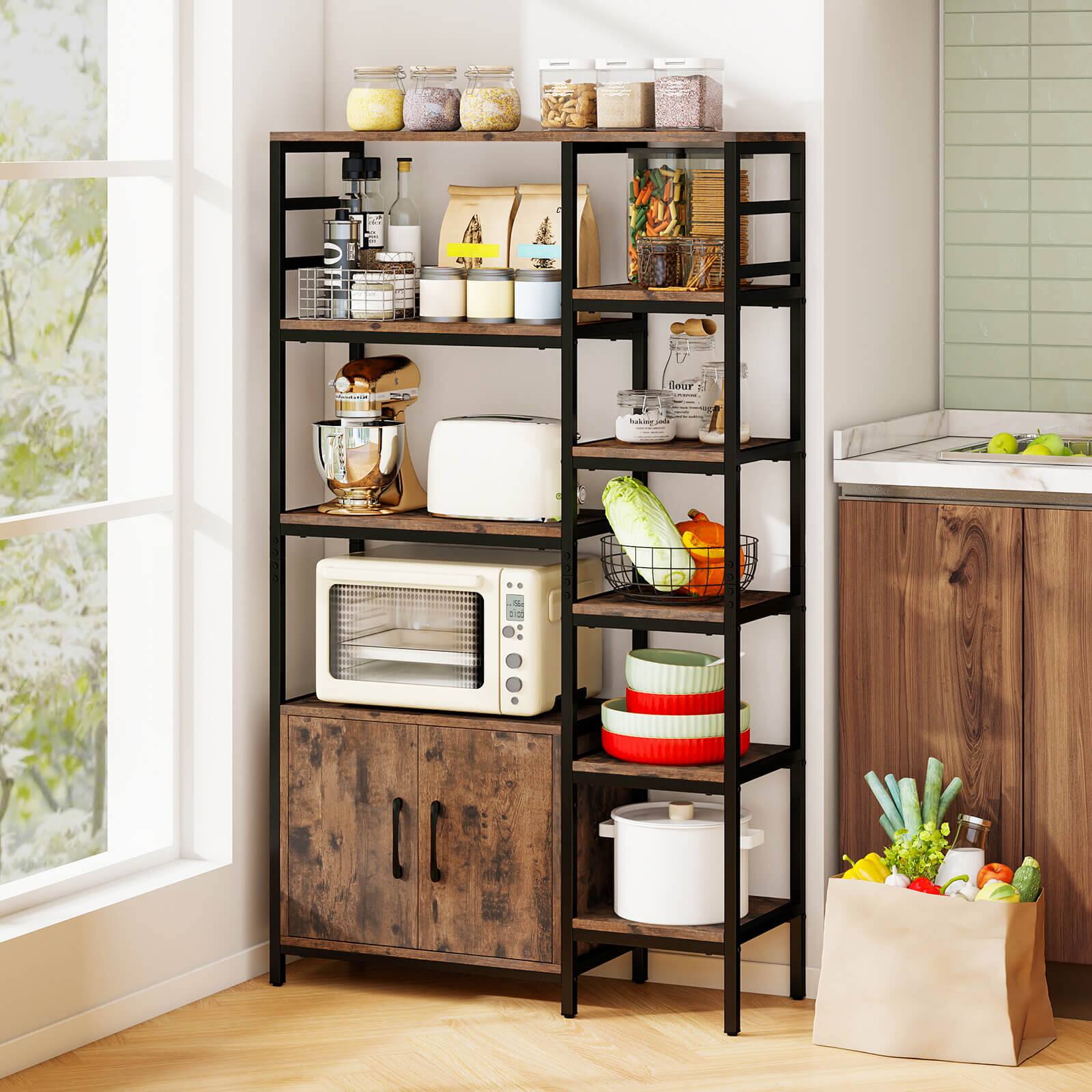 The image features a kitchen with a shelf full of various items. There are several bottles on the shelf, including one near the left side, another in the middle, and a third one towards the right side. Additionally, there are two bowls on the shelf, one located in the middle and another towards the right side. A microwave is also present in the kitchen, positioned on the left side of the shelf. The kitchen appears to be well-organized and ready for use.