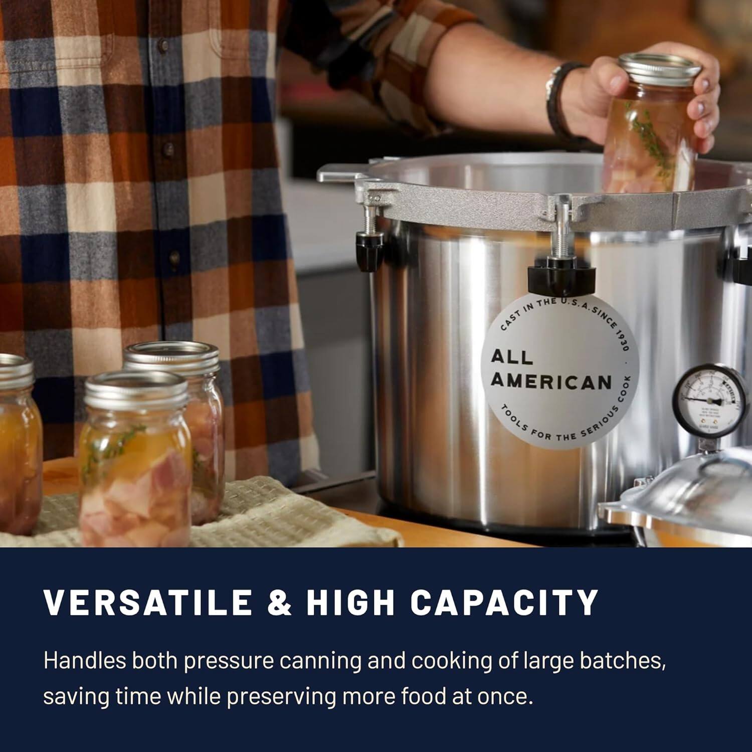 The U.S.A. in cast since 1930. All American cook tools for the serious. Versatile & high capacity. Handles both pressure canning and cooking of large batches, saving time while preserving more food at once.