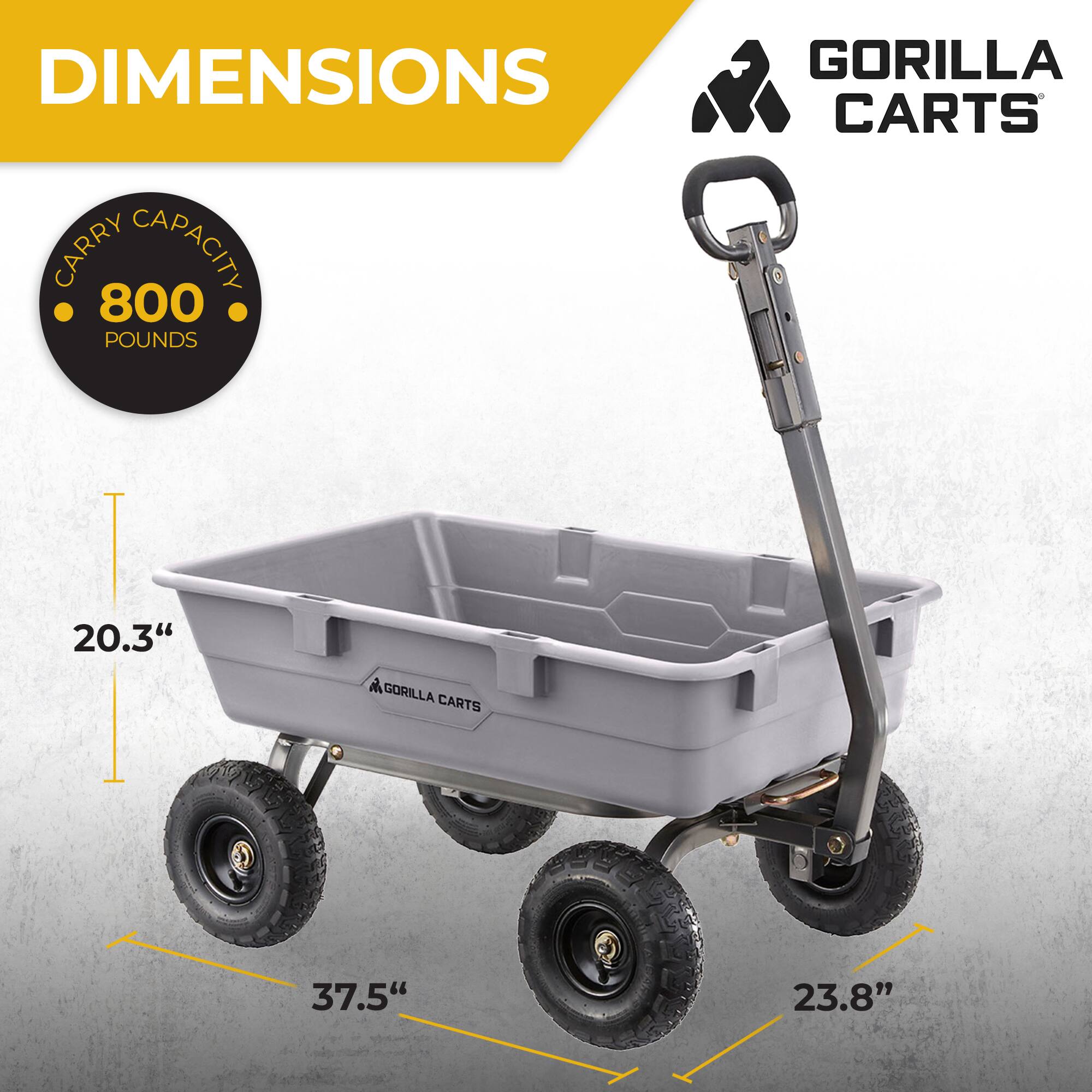 DIMENSIONS  
CARRY CAPACITY 800 POUNDS  
GORILLA CARTS  
20.3"  
37.5"  
23.8"