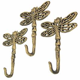 Zeckos - 5 Inch Cast Iron Dragonfly Wall Hook Decorative Towel Hangers Coat Rack Set of 3 - Gold