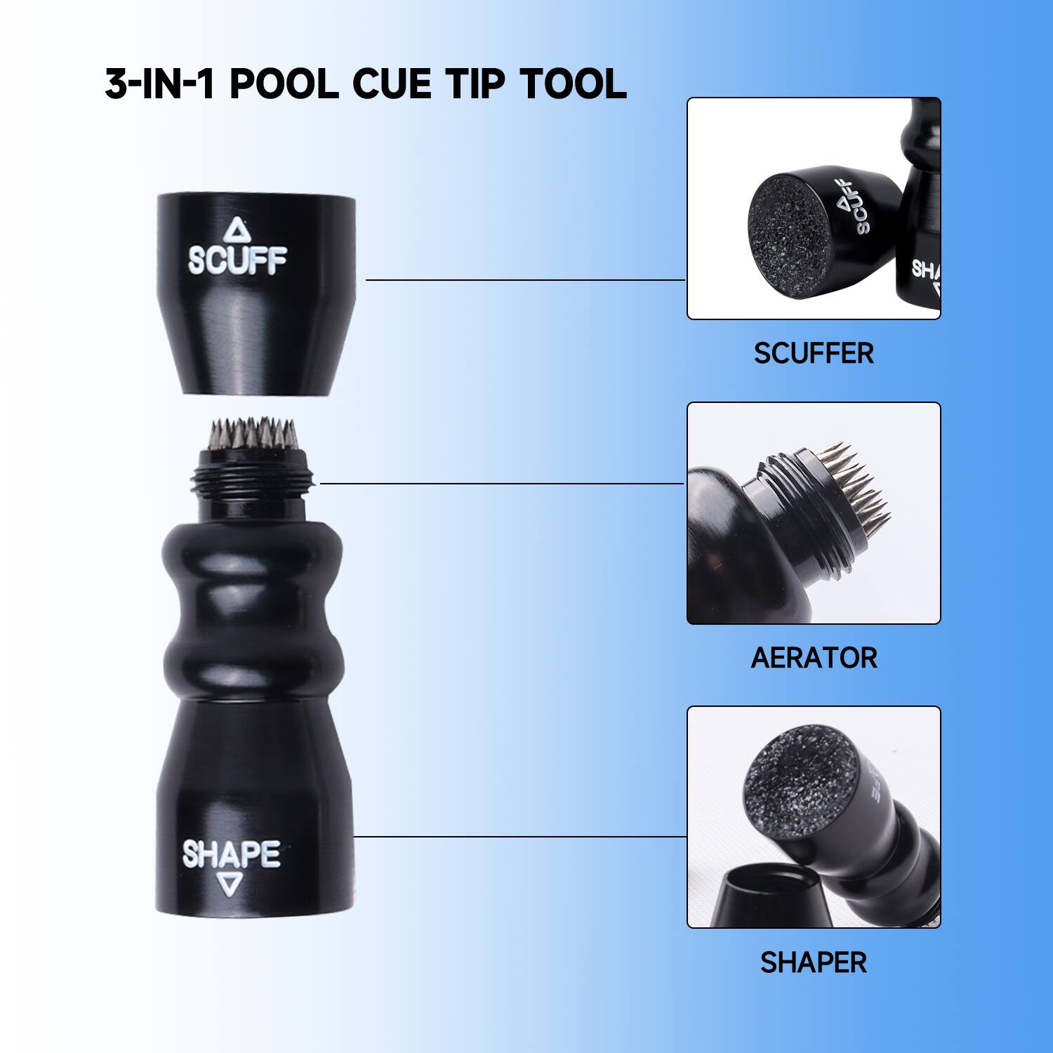 3-IN-1 POOL CUE TIP TOOL, SCUFFER, AERATOR, SHAPER