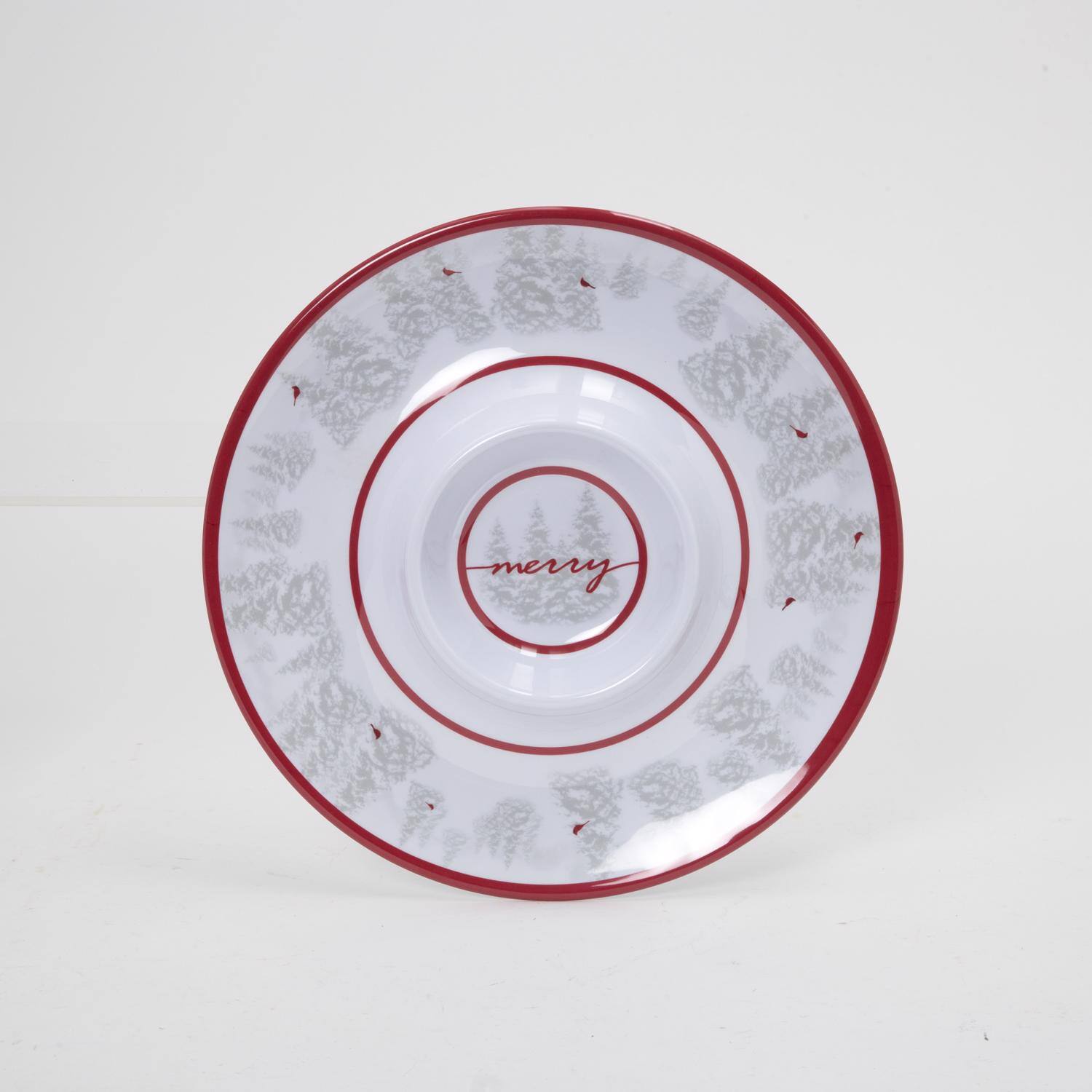 Angle. The Gerson Companies - Gerson Red/White Holiday Cardinal Chip and Dip Plate (Case of 12) - Red|White.