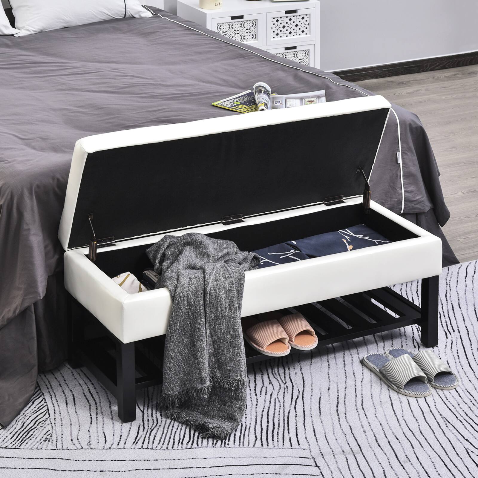 Alt View 7. Homcom - 44" Tufted Faux Leather Ottoman Storage Bench With Shoe Rack - white.