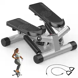 Aukfa - Mini Stepper with Resistance Bands - Portable Full Body Workout Machine for Home Fitness - Silver