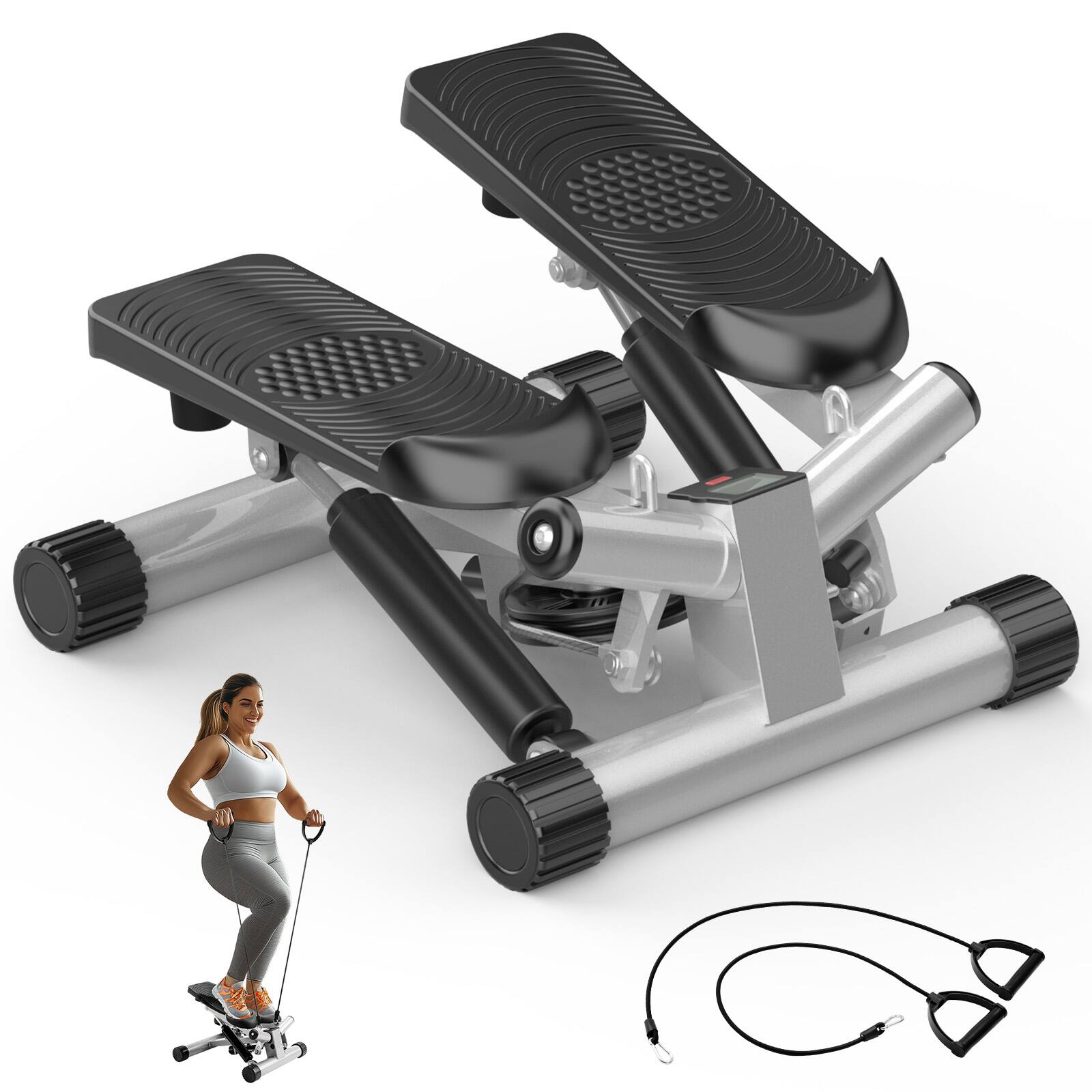 Front. Aukfa - Mini Stepper with Resistance Bands - Portable Full Body Workout Machine for Home Fitness. - Silver.